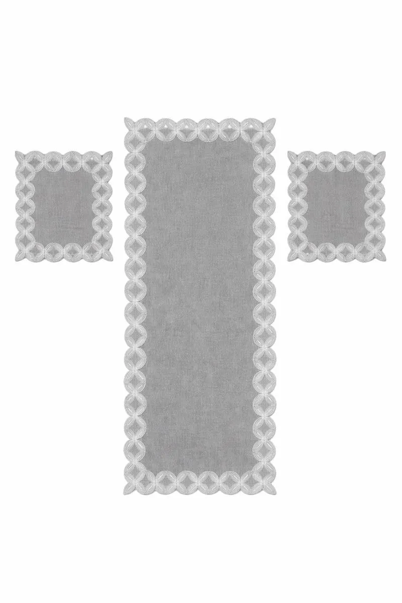 Corredocasa Runner e Set Centrini 3 Pezzi Ricamati a Intaglio Misto Lino, Grigio - immagine 1