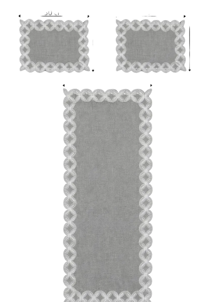 Corredocasa Runner e Set Centrini 3 Pezzi Ricamati a Intaglio Misto Lino, Grigio - immagine 2