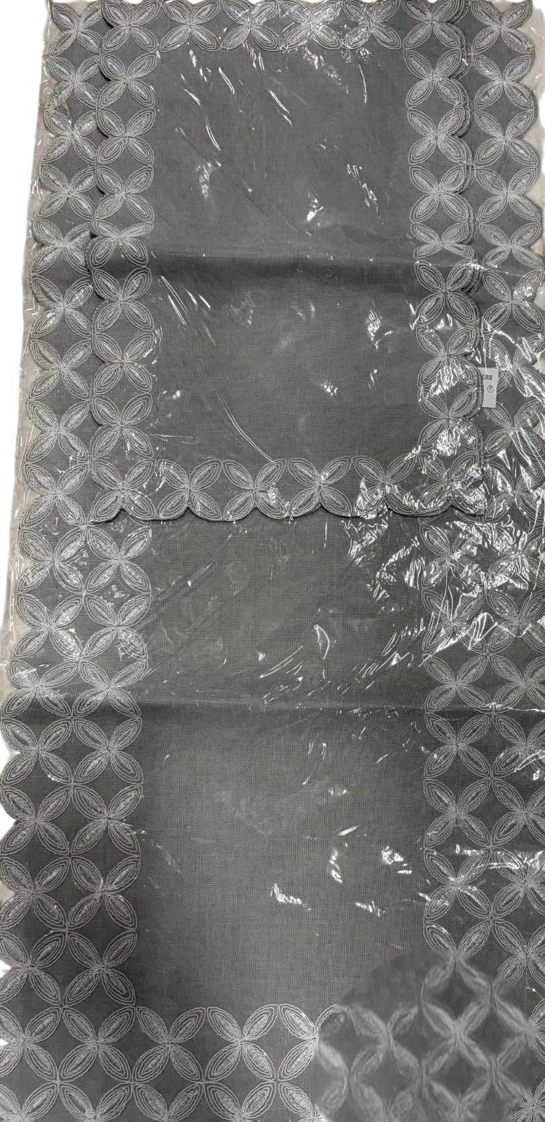Corredocasa Runner e Set Centrini 3 Pezzi Ricamati a Intaglio Misto Lino, Grigio - immagine 3