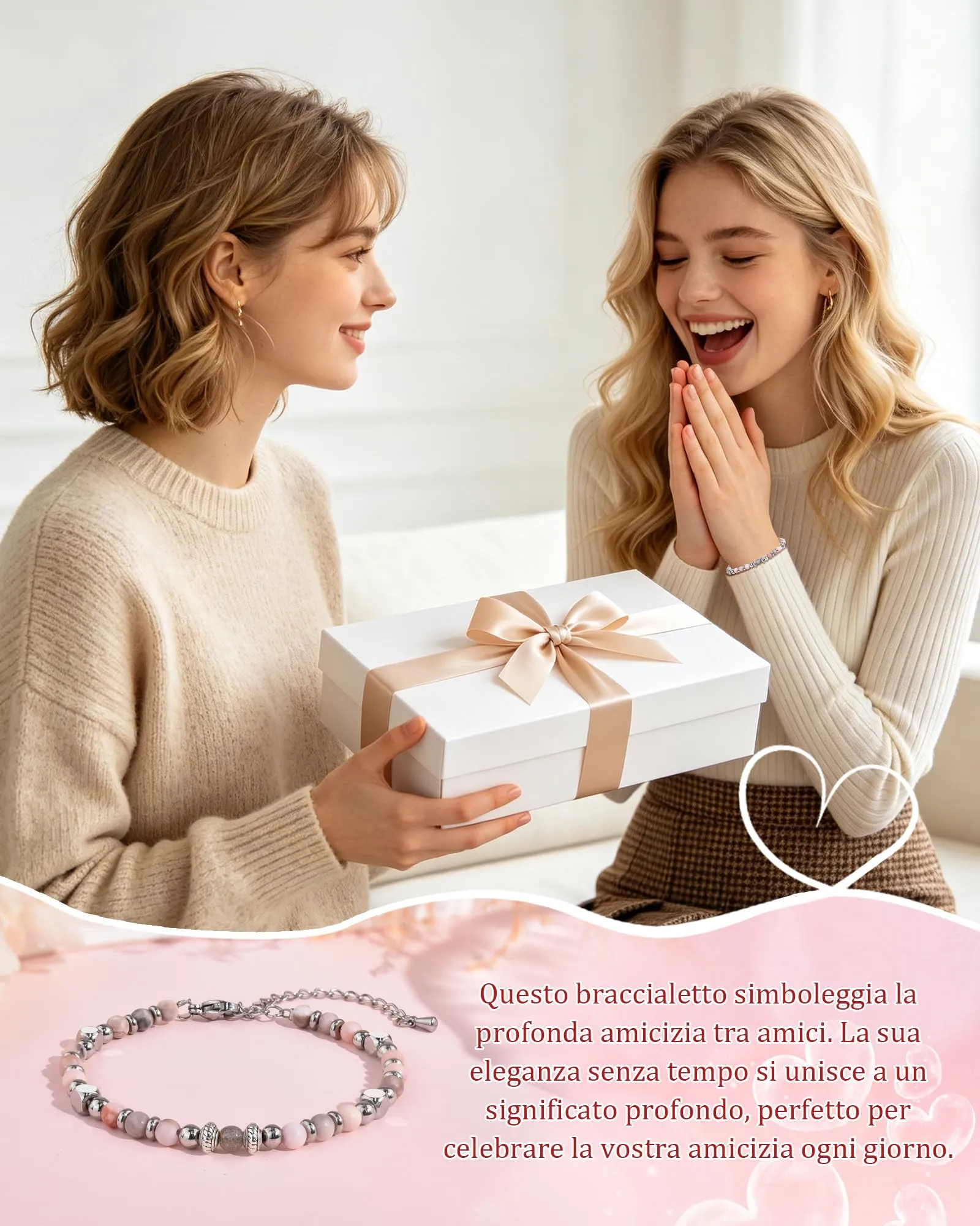 CheersLife Bracciale Donna Amicizia in Pietra di Luna e Rodonite con Acciaio Inossidabile - immagine 2