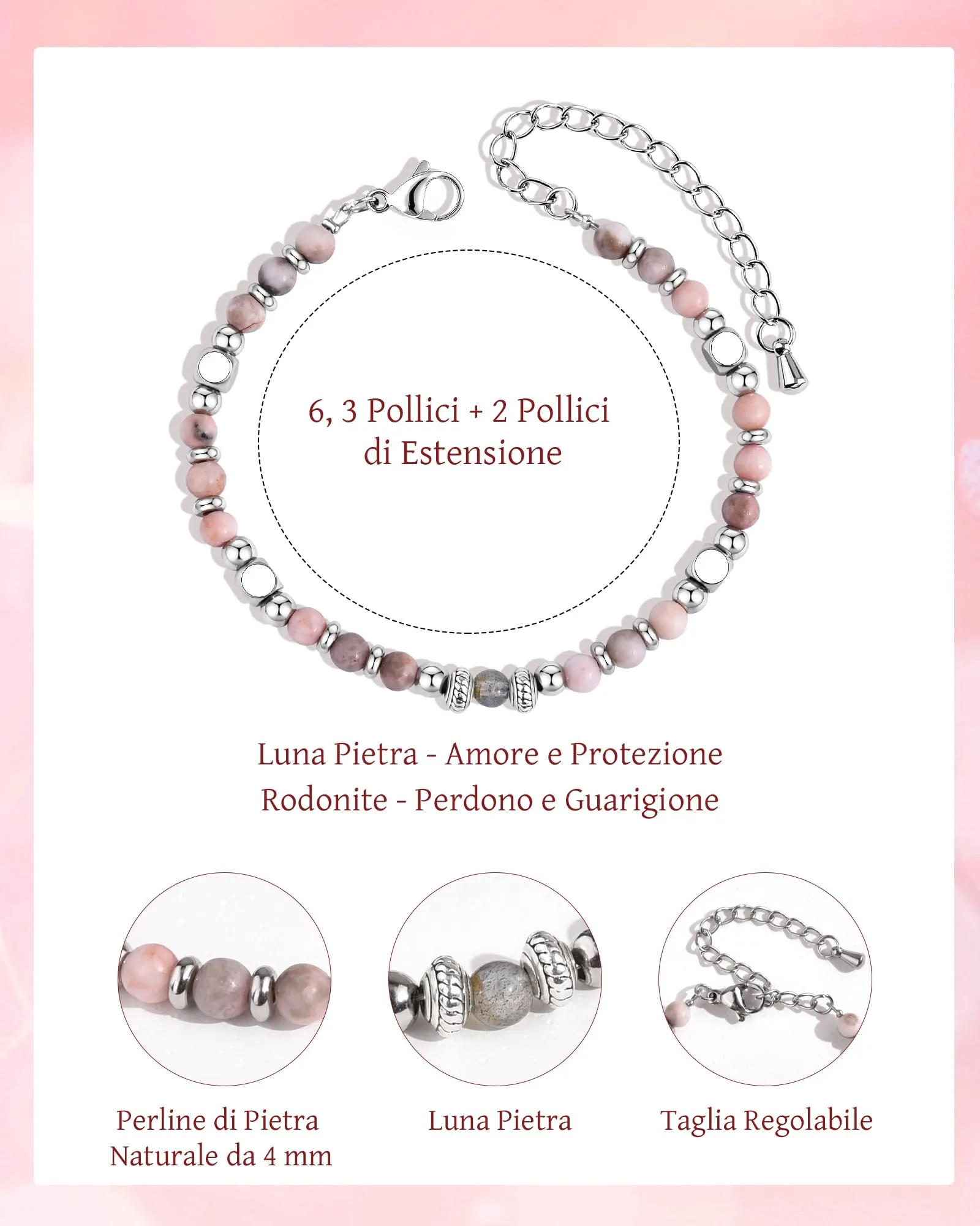 CheersLife Bracciale Donna Amicizia in Pietra di Luna e Rodonite con Acciaio Inossidabile - immagine 4