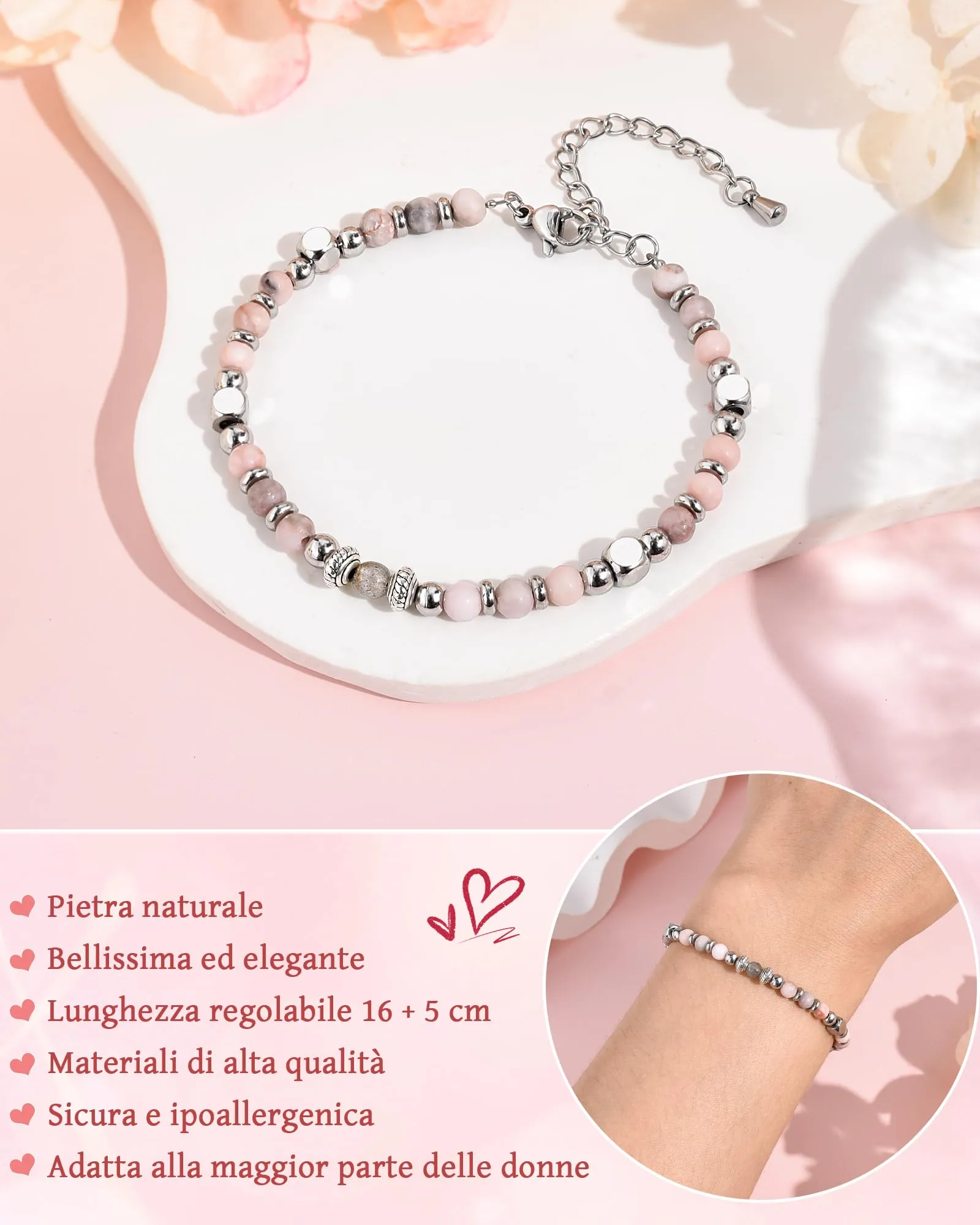 CheersLife Bracciale Donna Amicizia in Pietra di Luna e Rodonite con Acciaio Inossidabile - immagine 5