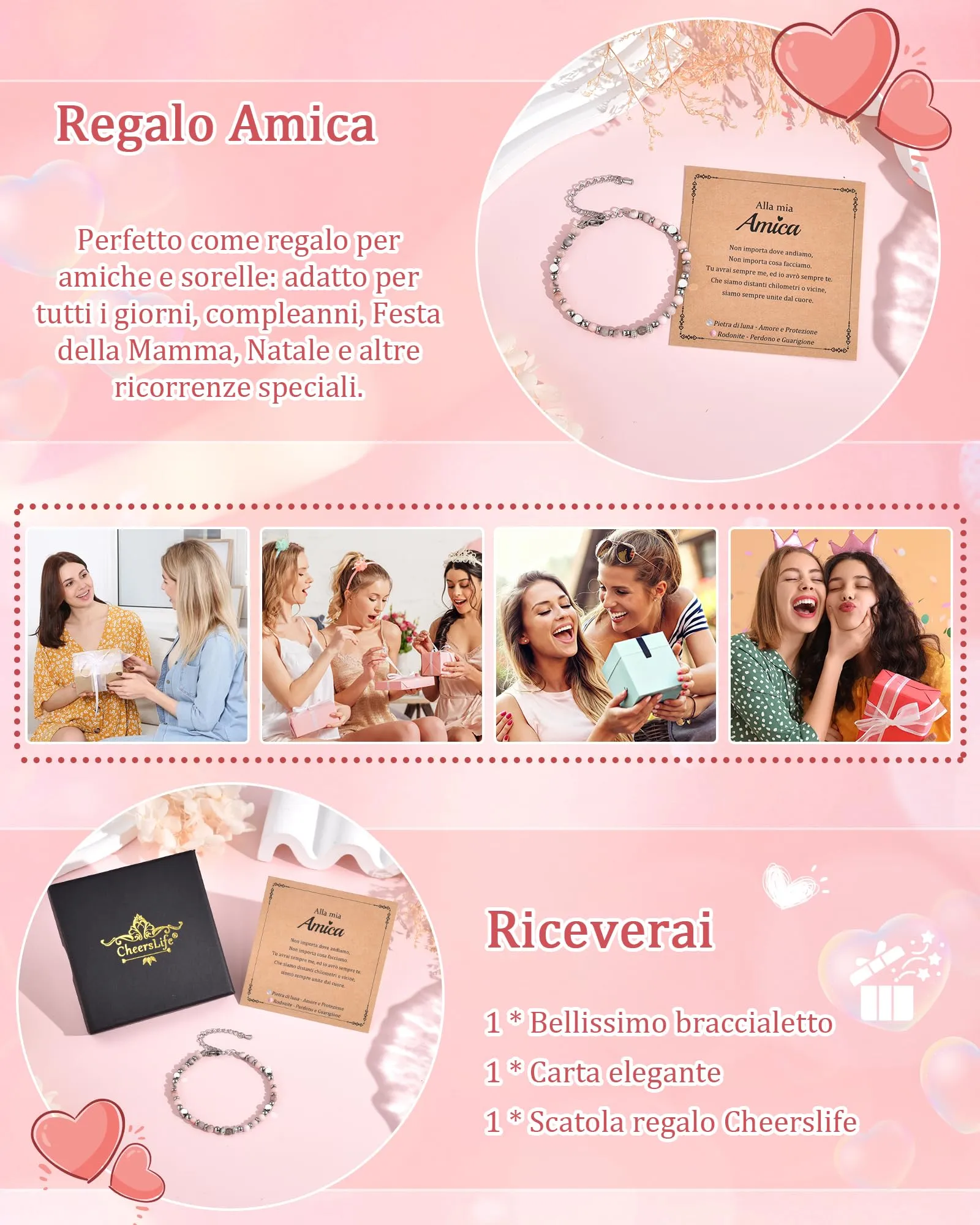 CheersLife Bracciale Donna Amicizia in Pietra di Luna e Rodonite con Acciaio Inossidabile - immagine 6