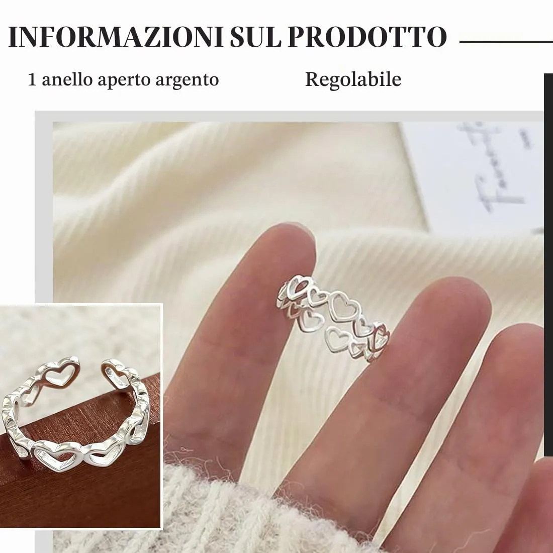 RUKAN Anelli Donna in Argento Sterling 925 a Forma di Cuore Regolabili e Aperti - immagine 2