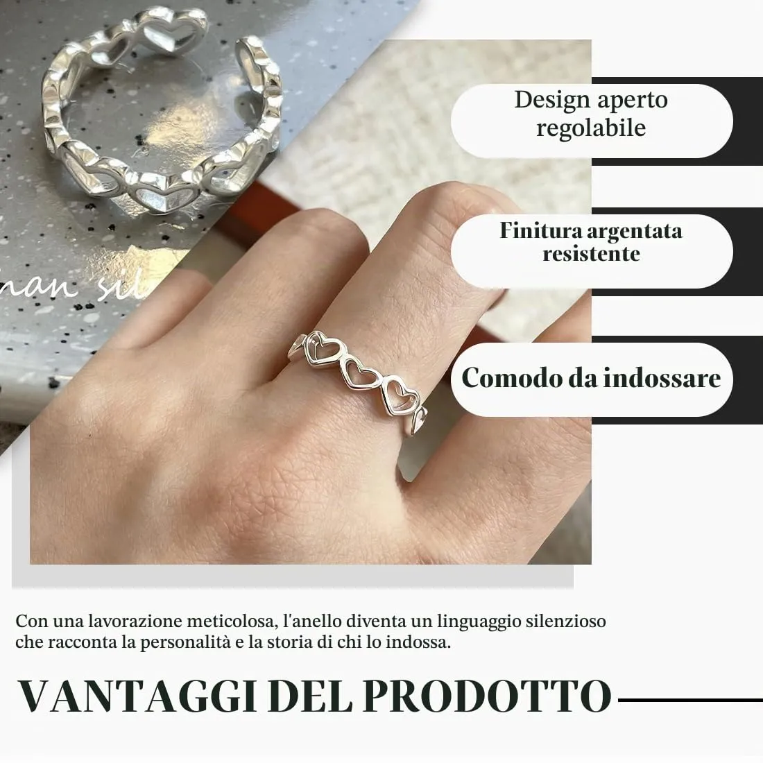 RUKAN Anelli Donna in Argento Sterling 925 a Forma di Cuore Regolabili e Aperti - immagine 3