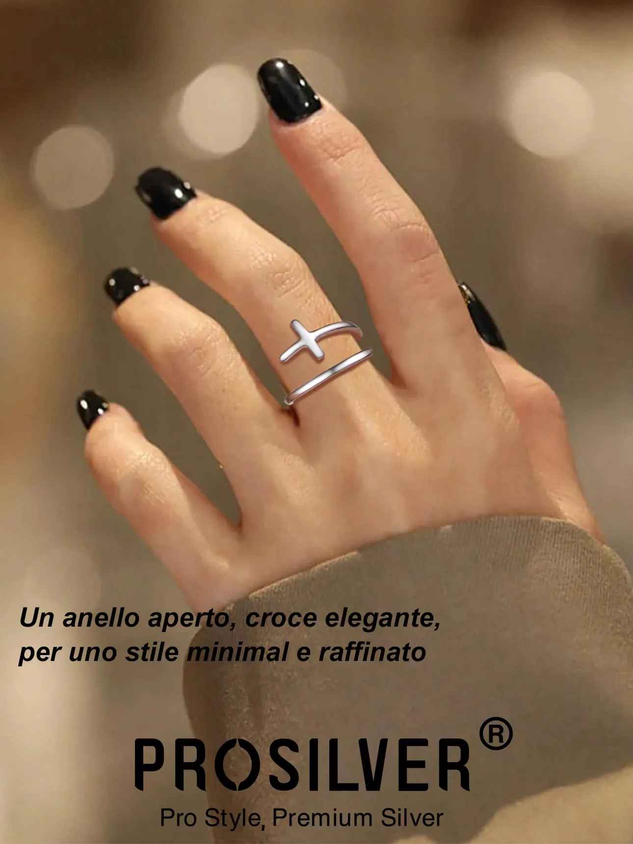 PROSILVER Anello Regolabile Argento 925 con Croce, Spessore 1,5mm - immagine 3