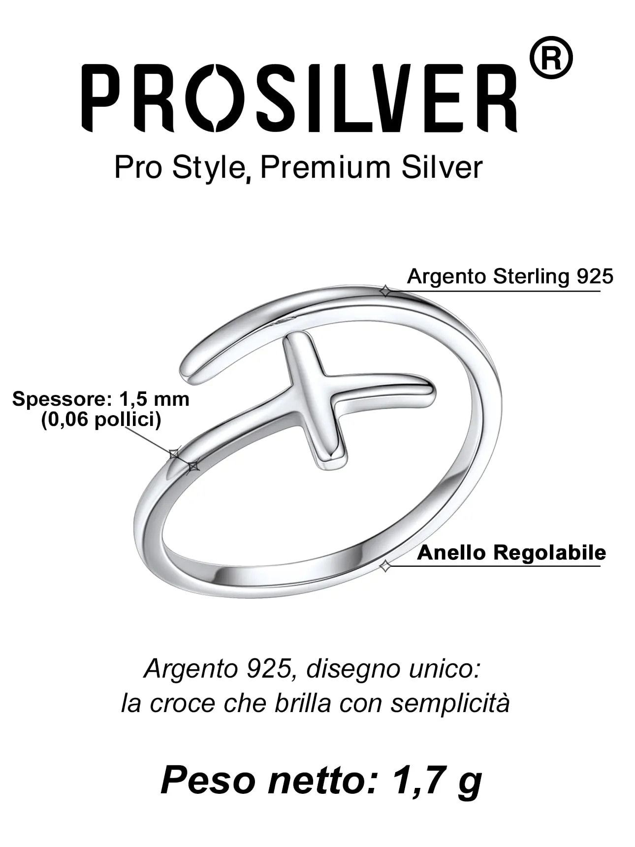 PROSILVER Anello Regolabile Argento 925 con Croce, Spessore 1,5mm - immagine 4
