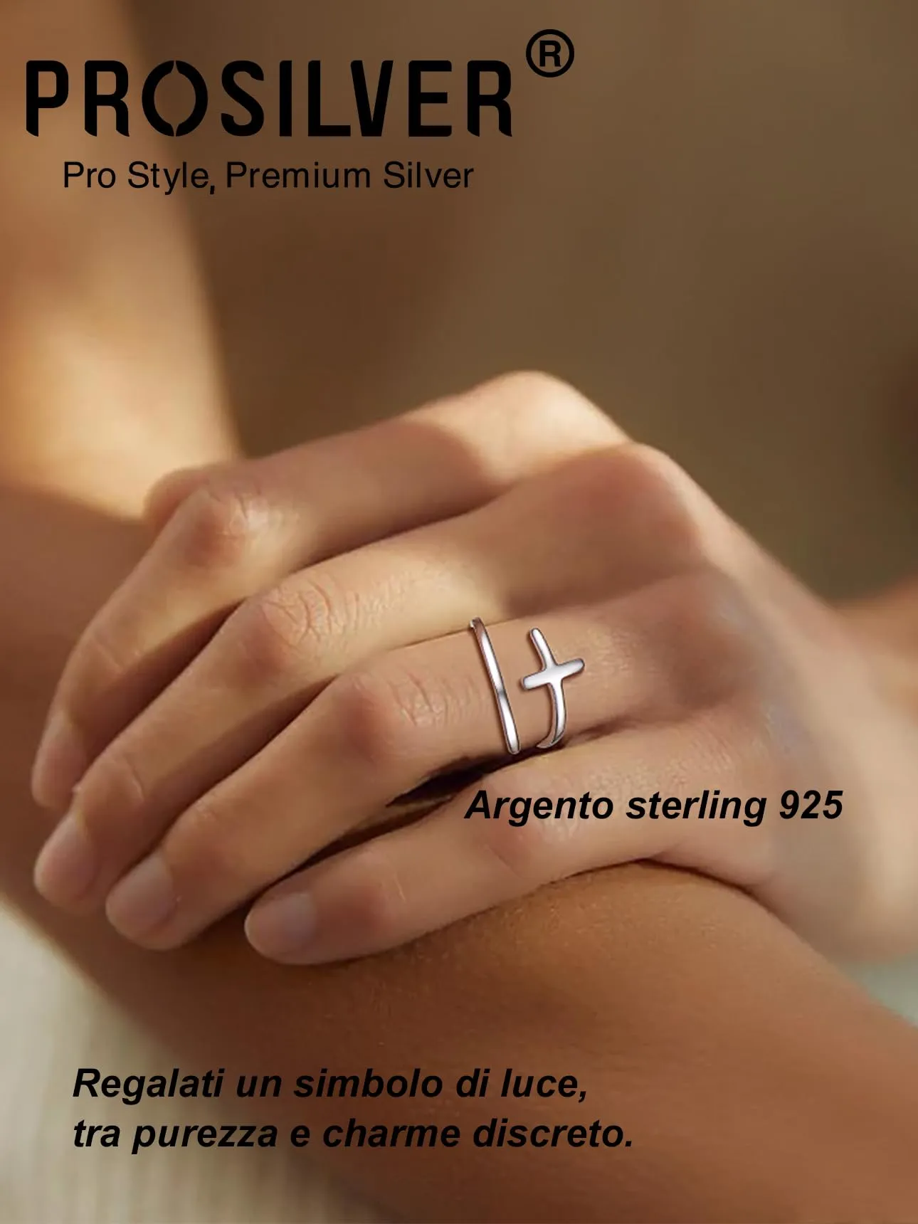 PROSILVER Anello Regolabile Argento 925 con Croce, Spessore 1,5mm - immagine 5
