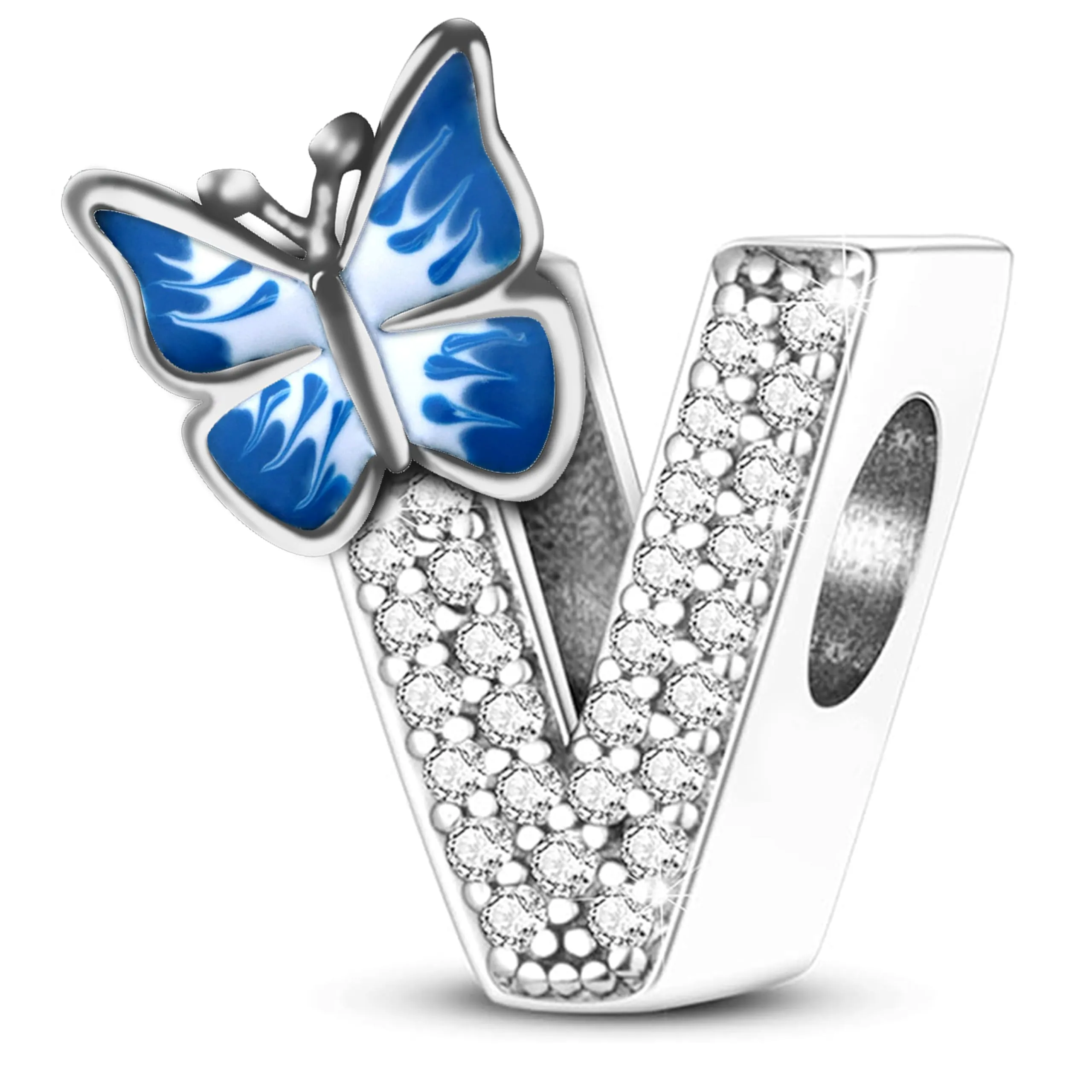 Jokmeo Charm Lettera V in Argento Sterling 925 con Motivo a Farfalla - immagine 1