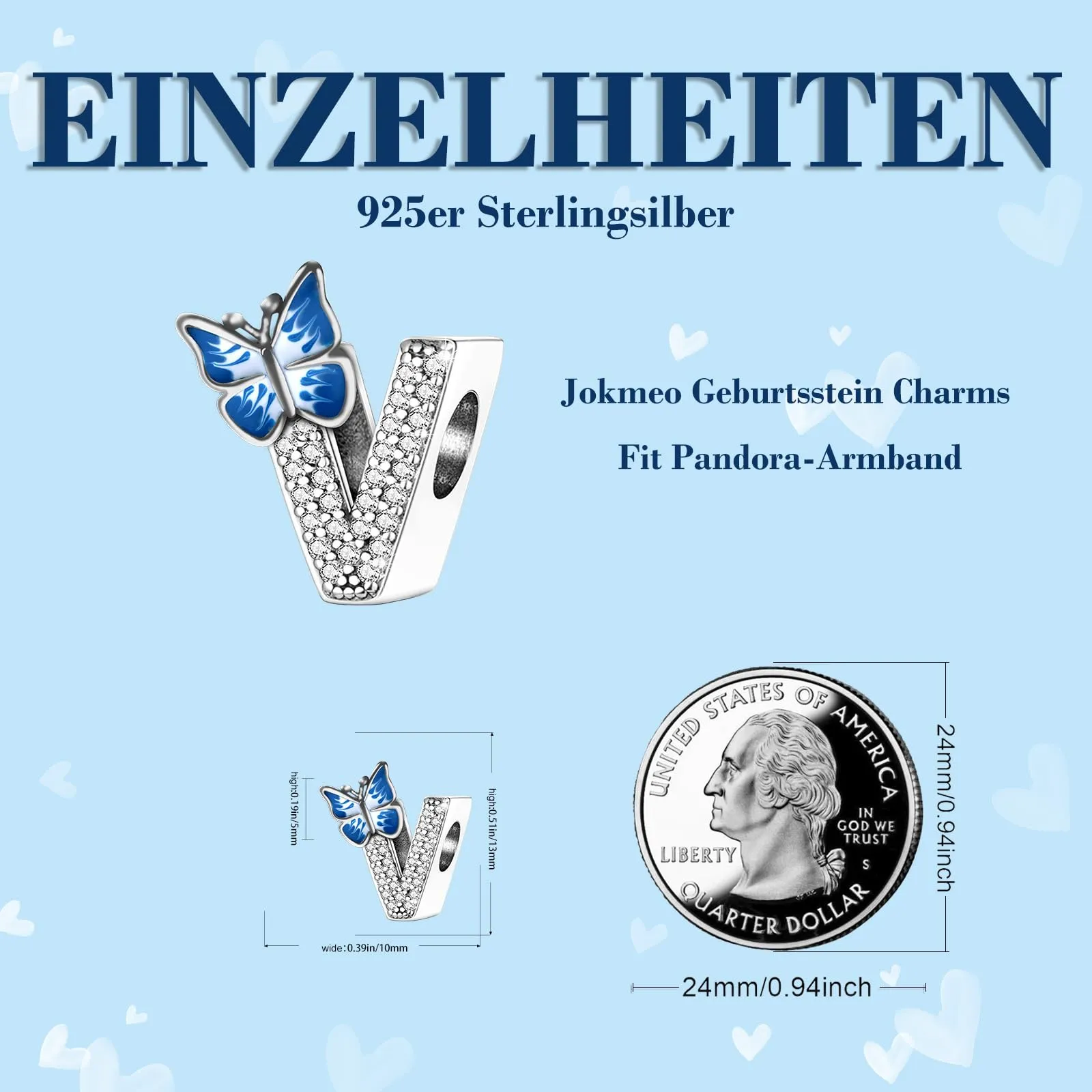 Jokmeo Charm Lettera V in Argento Sterling 925 con Motivo a Farfalla - immagine 4