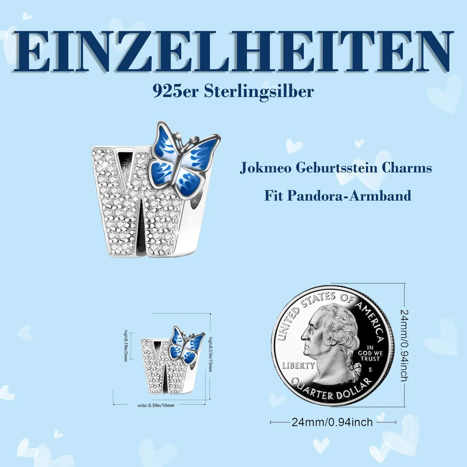Jokmeo Charm lettera W in argento sterling 925 con motivo a farfalla per bracciali e collane europei - immagine 7