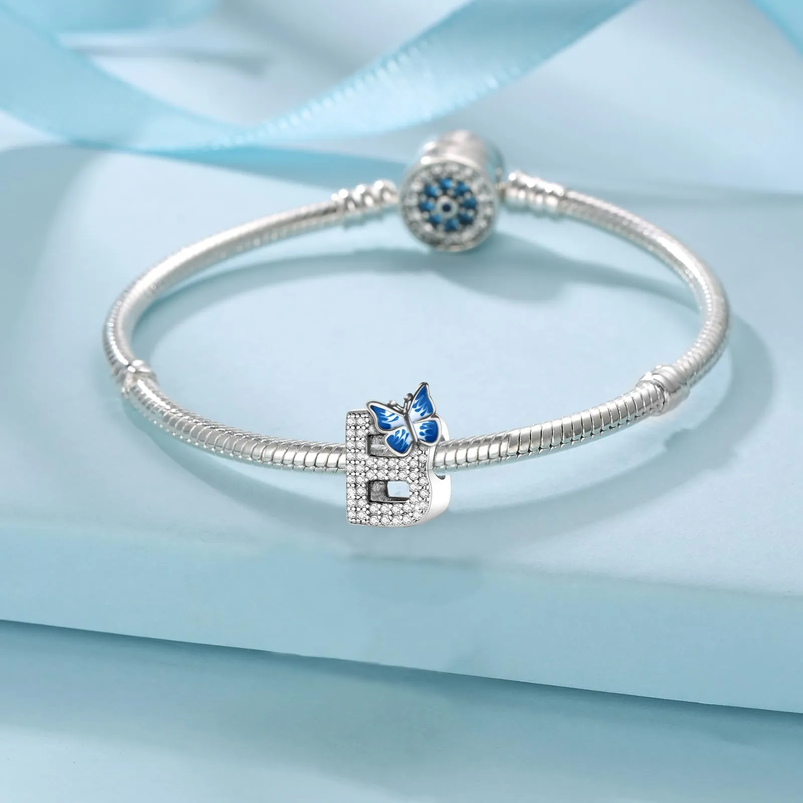 Jokmeo Charm lettera B in argento sterling 925 con motivo a farfalla - immagine 4