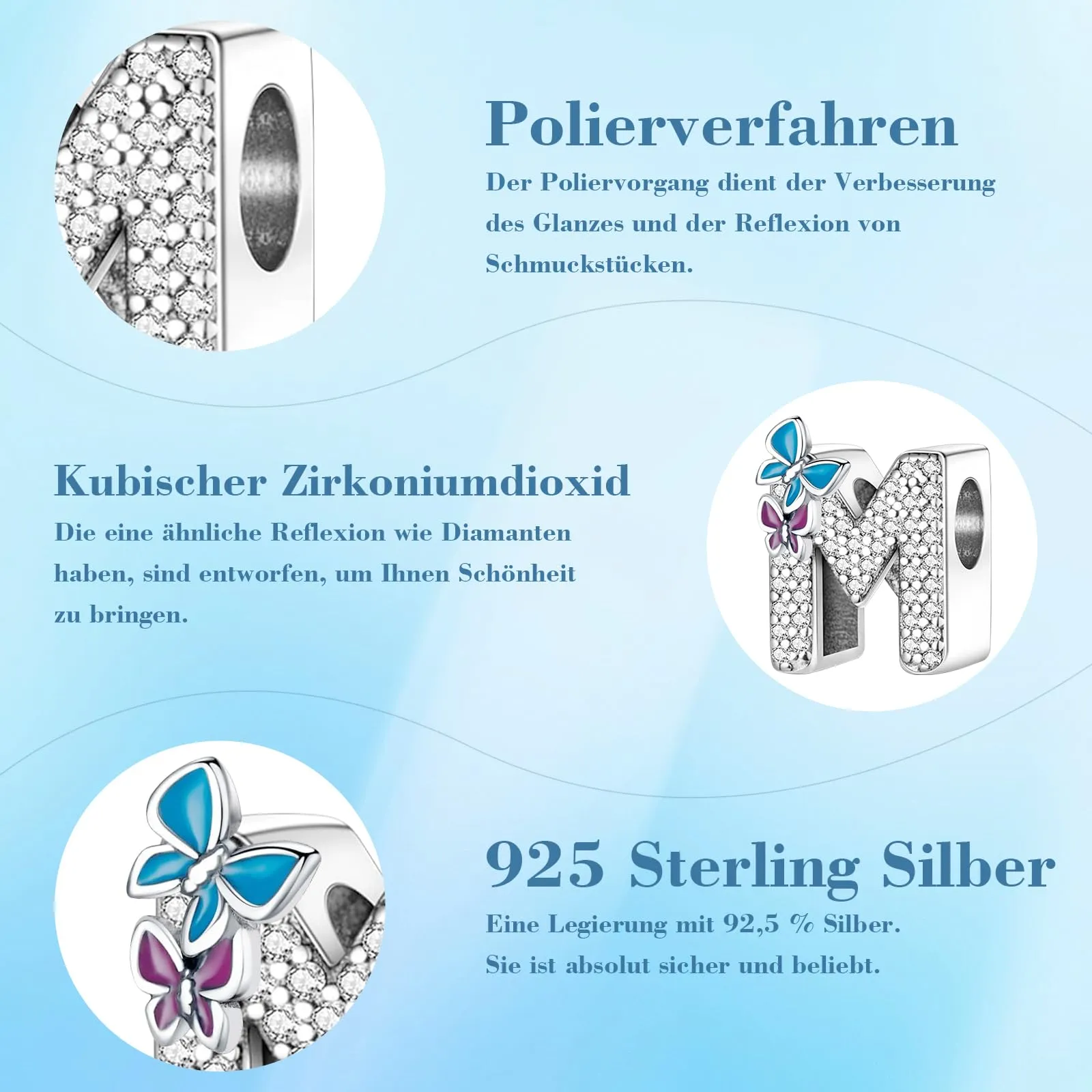 Jokmeo Charm lettera M in argento sterling 925 con motivo a farfalla per bracciali e collane europei - immagine 6