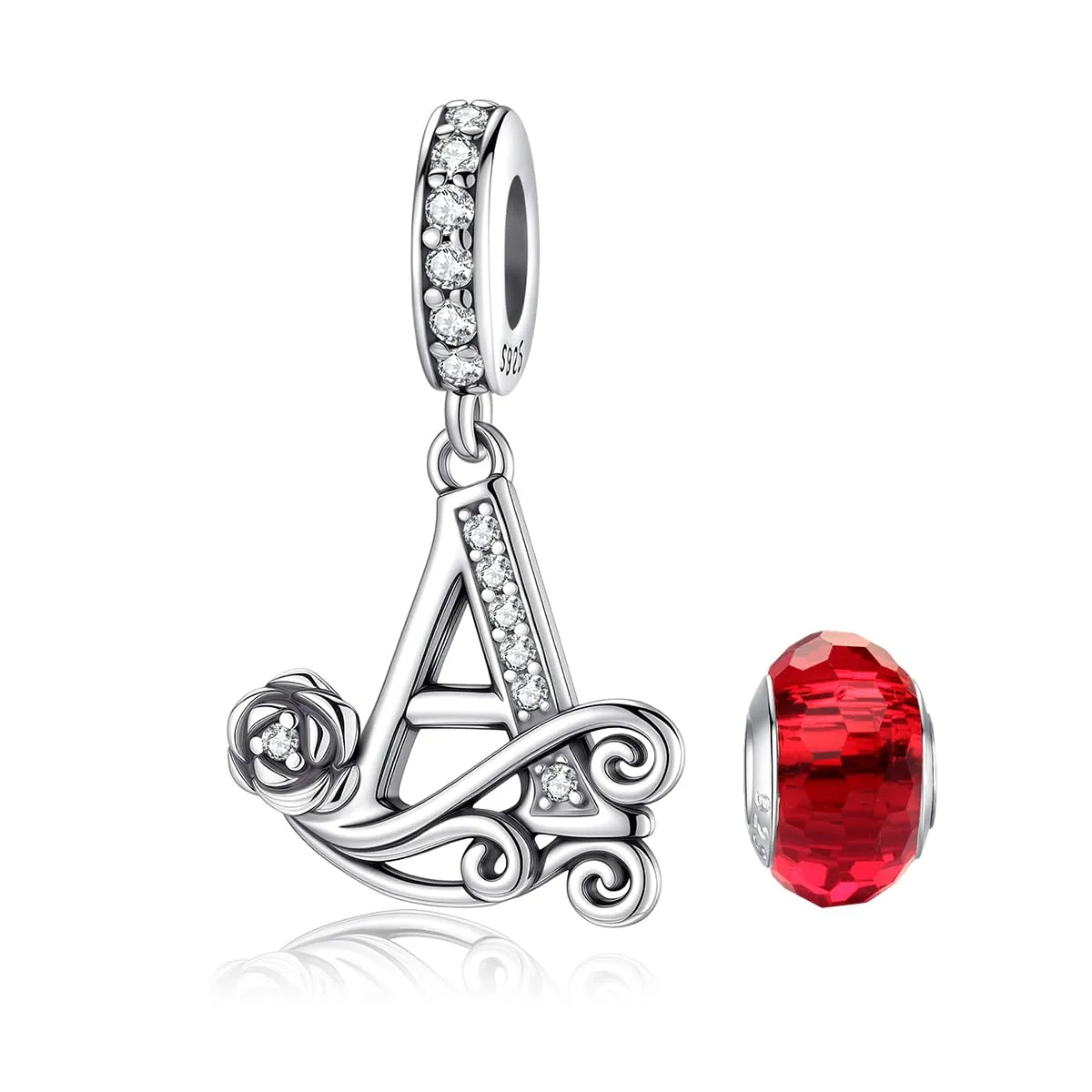 LNQOBU Ciondolo Lettera Rosa in Argento Sterling 925 con Zirconia 5A Compatibile con Pandora e Bracciali Europei per Donna - immagine 1