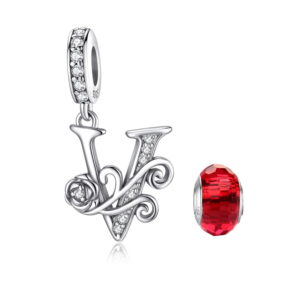 LNQOBU Ciondolo Lettera con Rosa in Argento Sterling 925 e Zirconia 5A per Bracciali Pandora e Europei e Collane da Donna - immagine 1