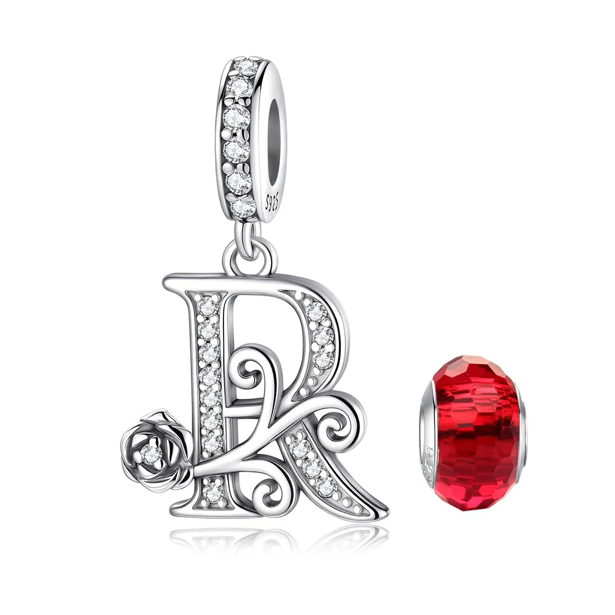 LNQOBU Ciondolo Lettera Rose in Argento Sterling 925 con Zirconia 5A Compatibile con Pandora e Bracciali Europei da Donna - immagine 1