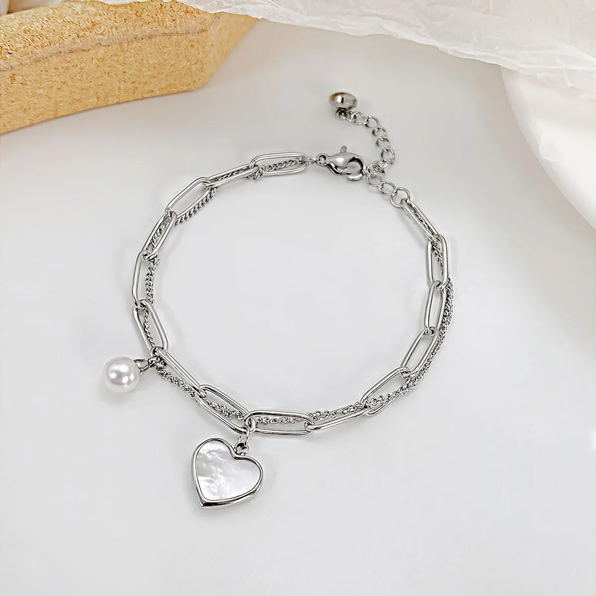 Emibele Bracciale a Cuore in Titanio con Doppia Catena e Chiusura a Moschettone, Argento - immagine 5