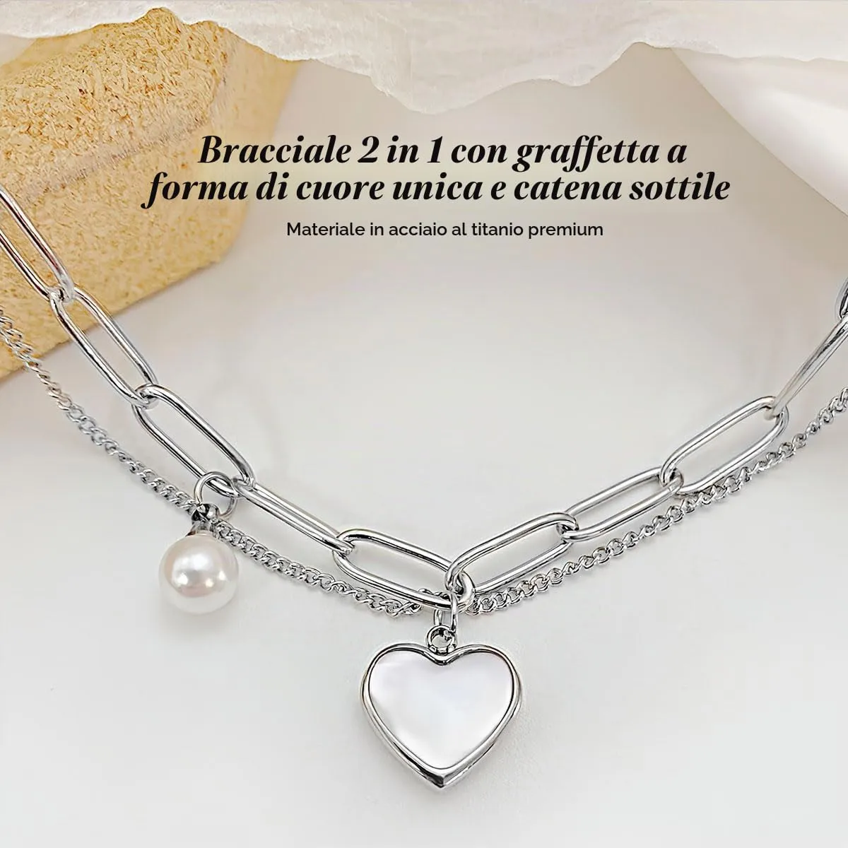 Emibele Bracciale a Cuore in Titanio con Doppia Catena e Chiusura a Moschettone, Argento - immagine 6