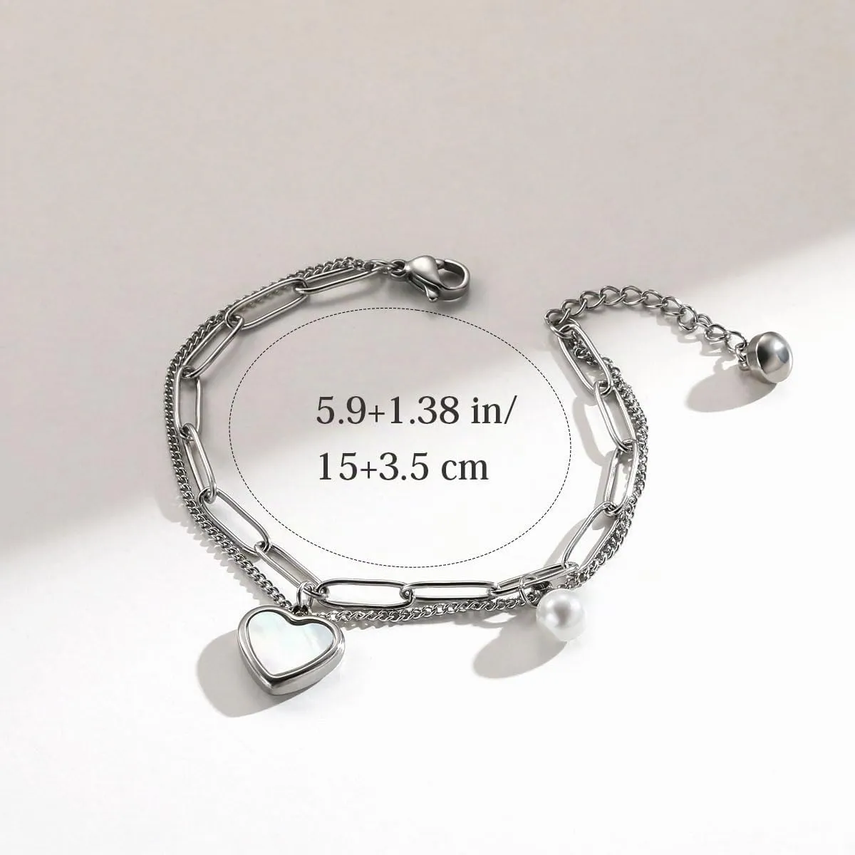 Emibele Bracciale a Cuore in Titanio con Doppia Catena e Chiusura a Moschettone, Argento - immagine 7