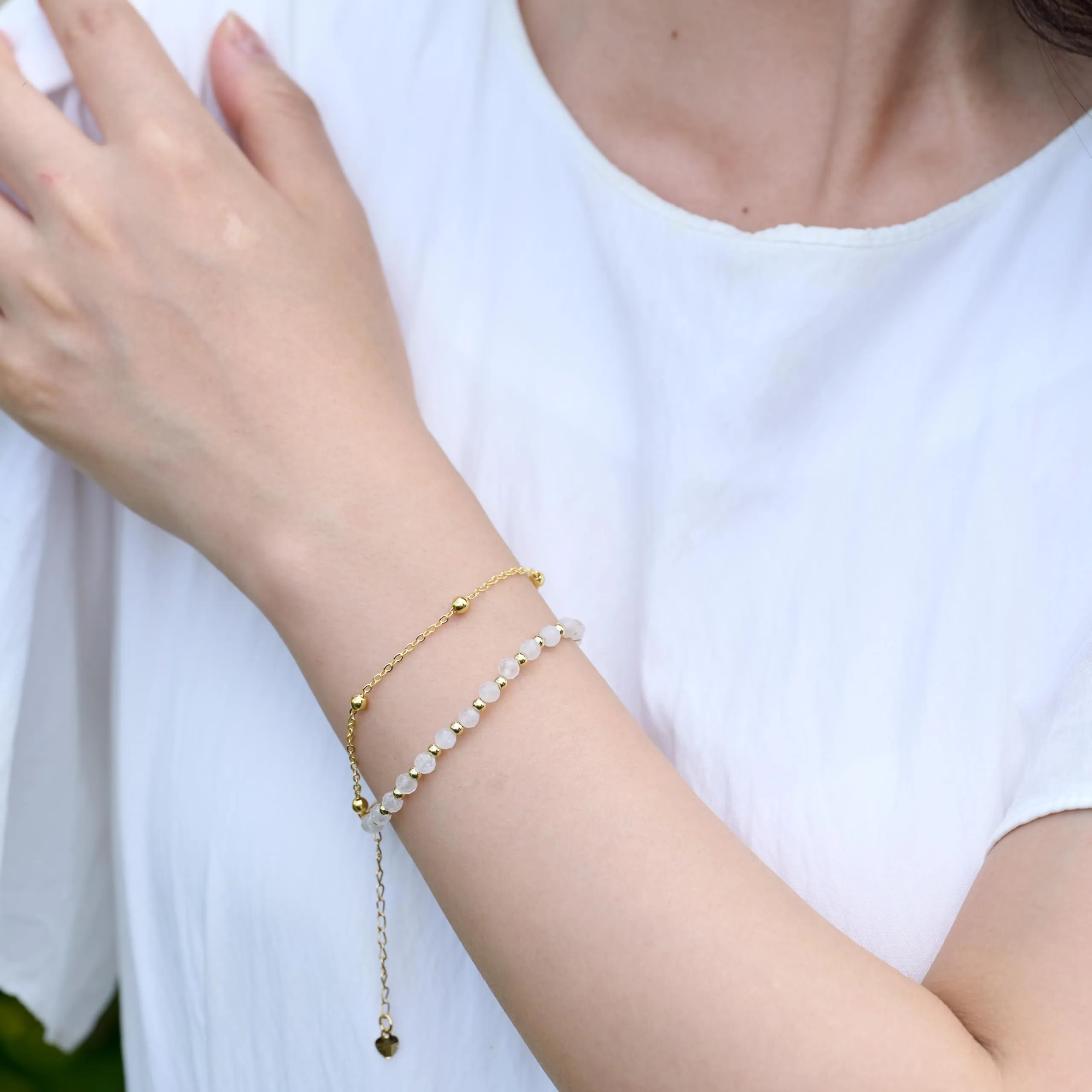 Farfume Bracciale in Pietra di Luna Moonstone per Donna, Perle in Pietra Naturale da 4mm - immagine 2