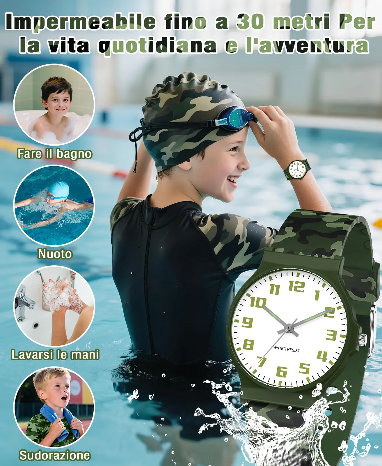 SOCICO Orologio Analogico Sportivo Impermeabile 30m per Bambini 5-15 Anni, Verde Mimetico, SOC-1010L - immagine 2