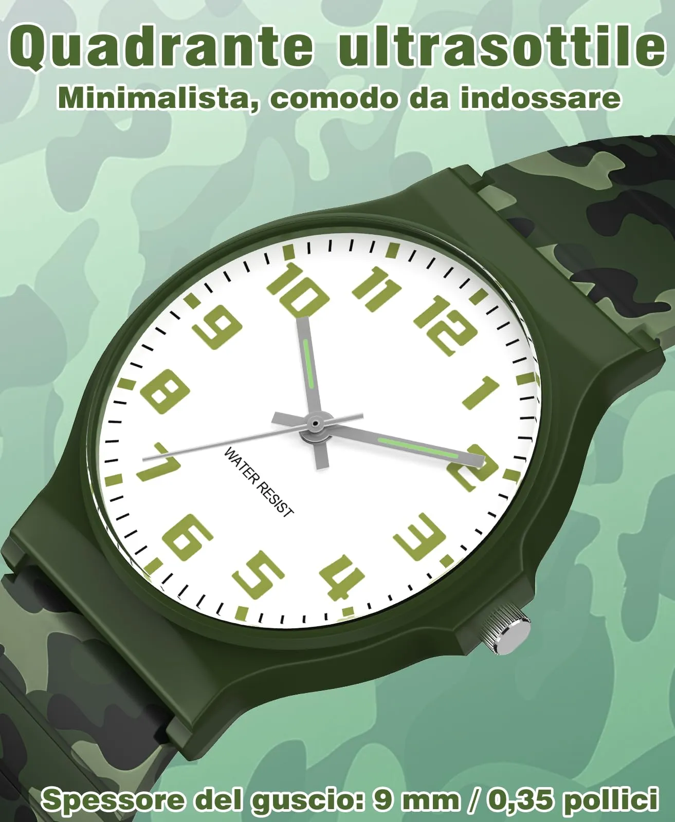 SOCICO Orologio Analogico Sportivo Impermeabile 30m per Bambini 5-15 Anni, Verde Mimetico, SOC-1010L - immagine 3