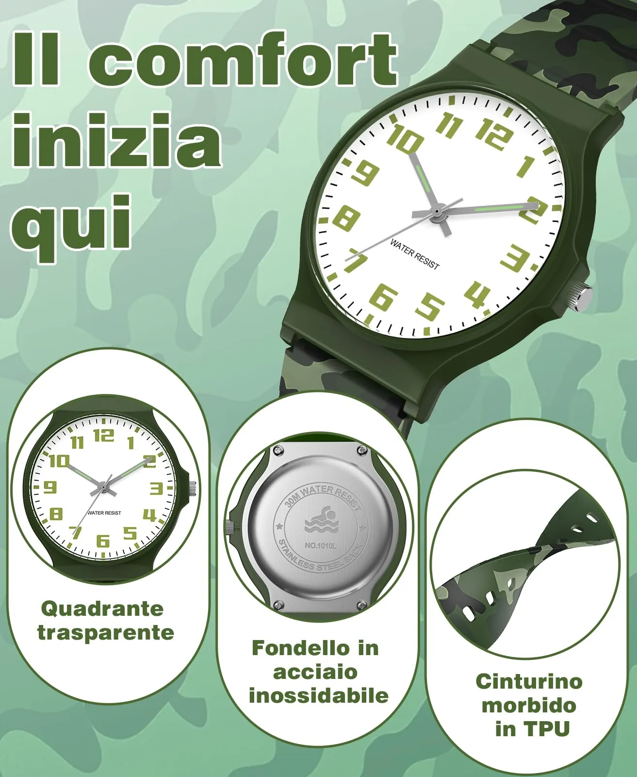 SOCICO Orologio Analogico Sportivo Impermeabile 30m per Bambini 5-15 Anni, Verde Mimetico, SOC-1010L - immagine 4