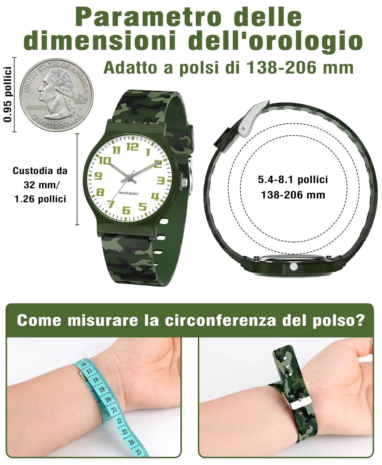 SOCICO Orologio Analogico Sportivo Impermeabile 30m per Bambini 5-15 Anni, Verde Mimetico, SOC-1010L - immagine 5