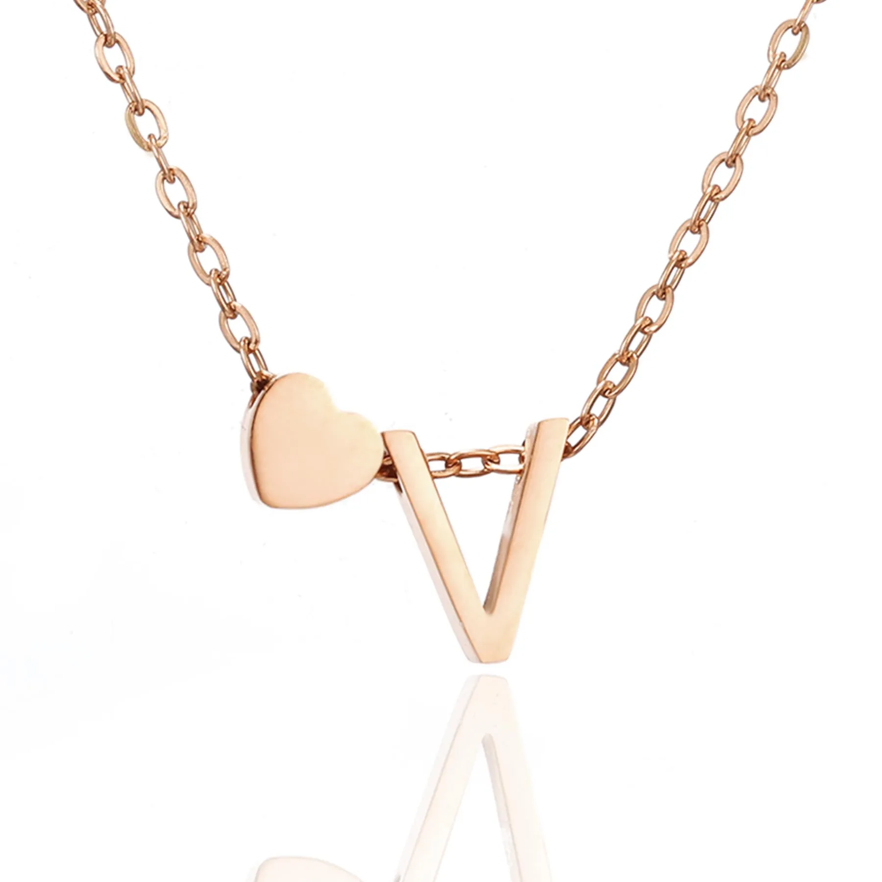 AFSTALR Collana con Iniziale V e Cuore in Acciaio Inossidabile Oro Rosa, 45+5cm - immagine 1