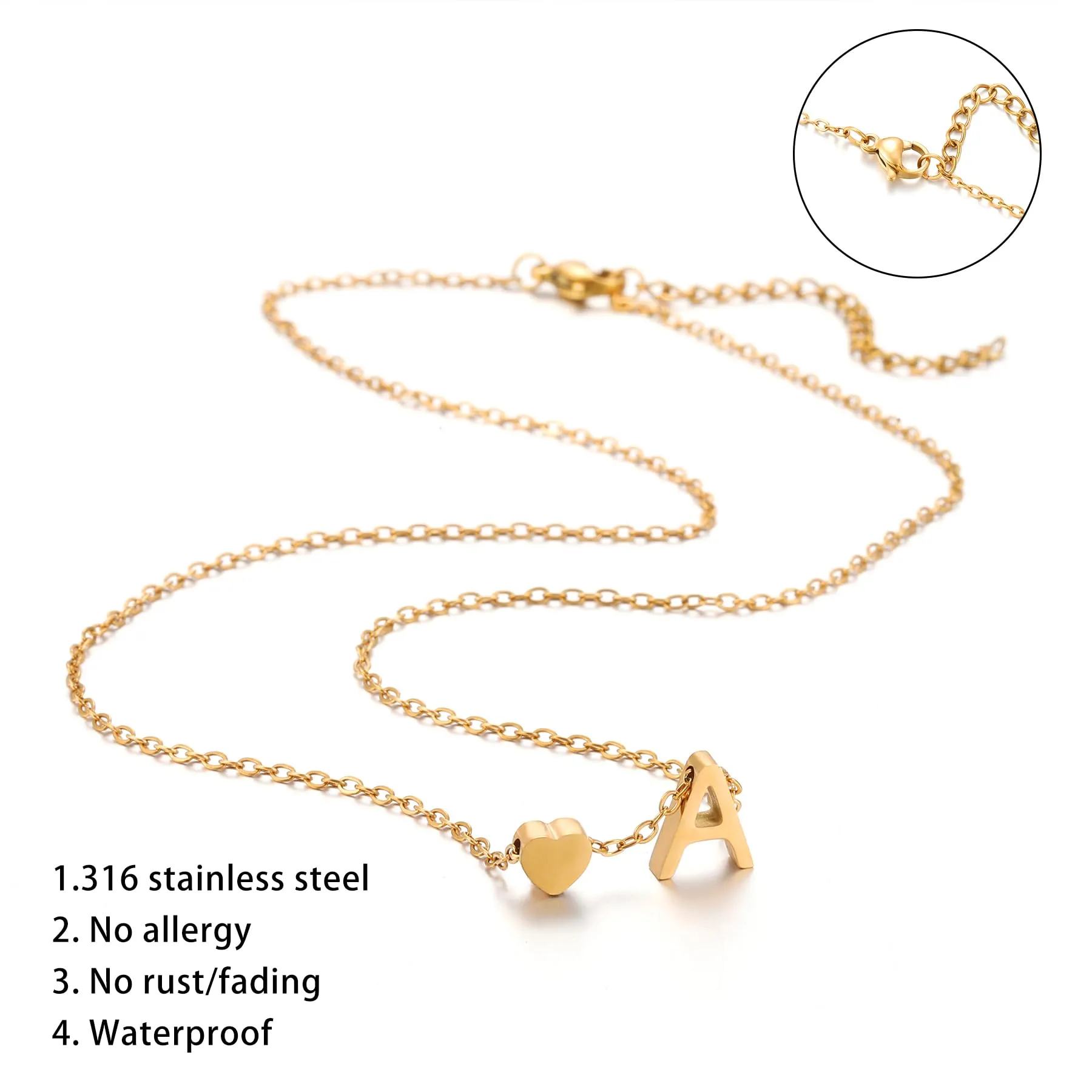 AFSTALR Collana con Iniziale e Cuore in Acciaio Inossidabile, Oro, 45+5cm - immagine 4