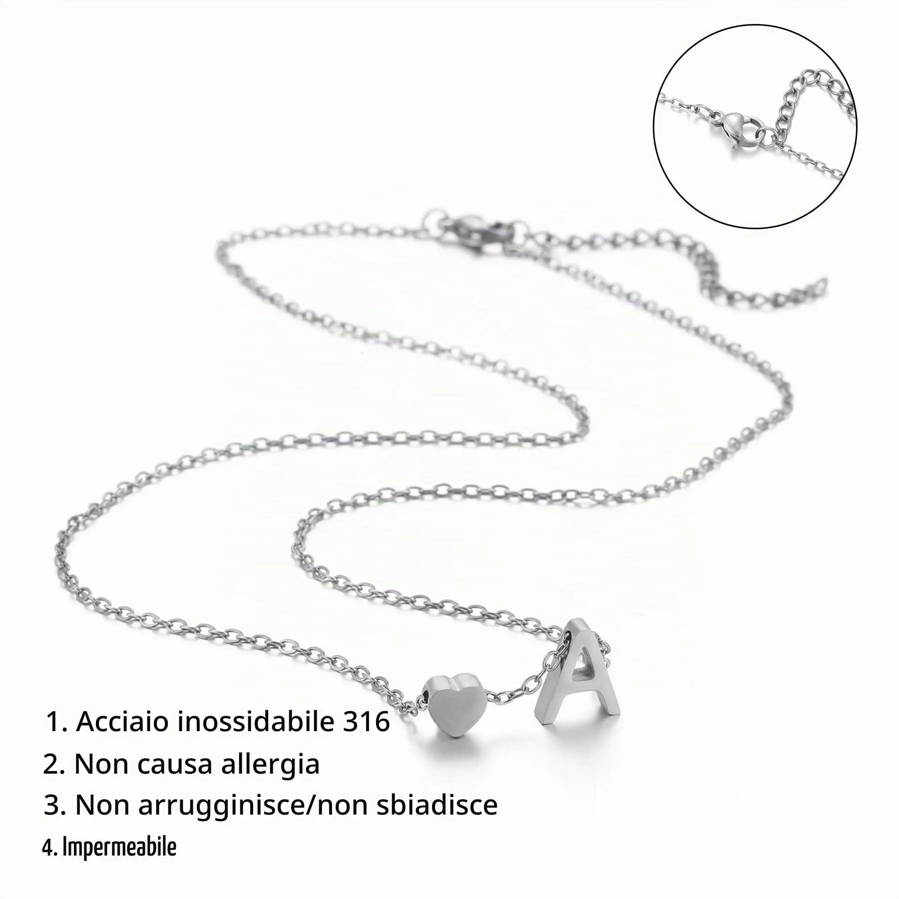 AFSTALR Collana con Iniziale S e Cuore in Acciaio Inossidabile Argento 45+5cm - immagine 4