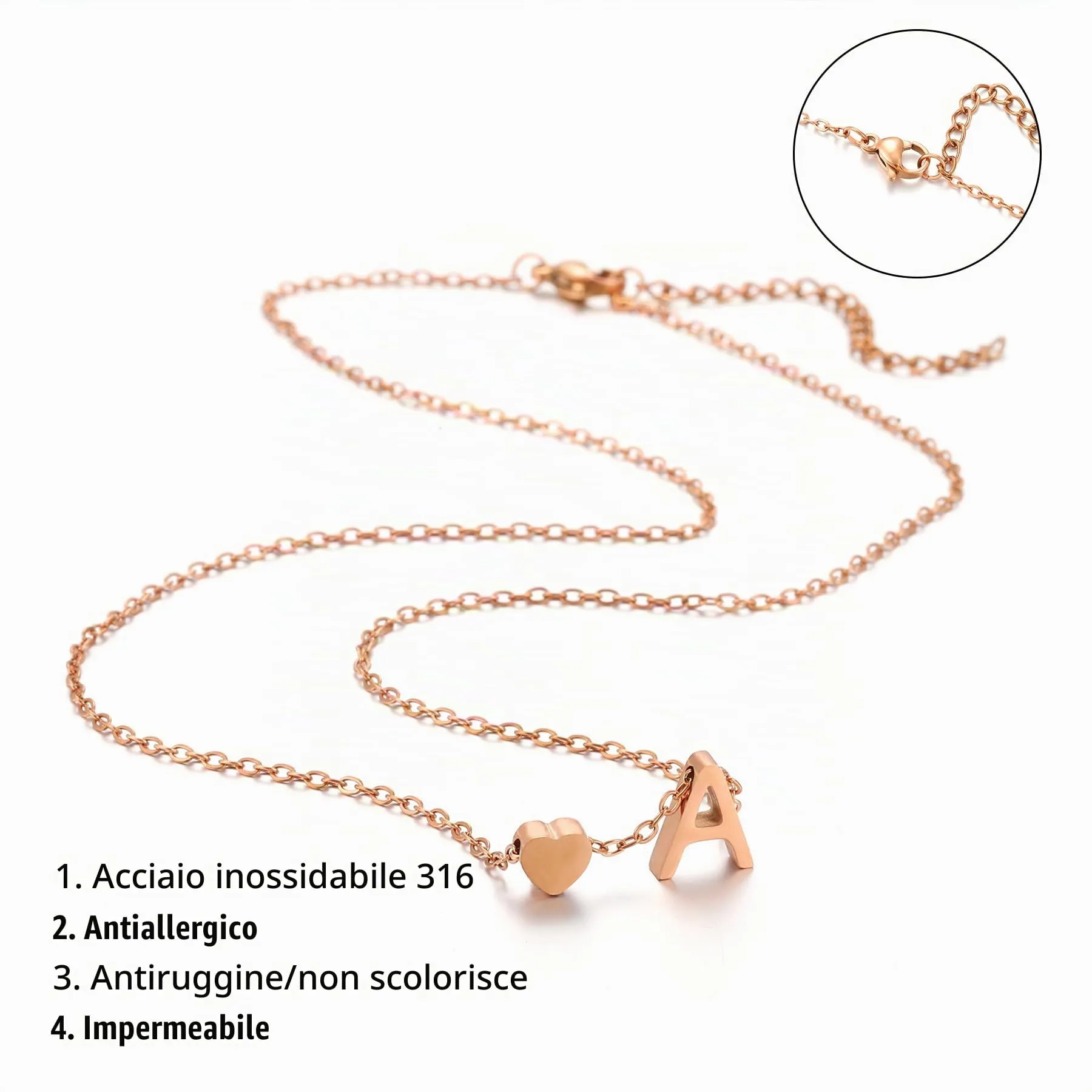 AFSTALR Collana con Iniziale Donna Oro Rosa, Ciondolo Cuore Lettera A, Acciaio Inossidabile, 45+5cm - immagine 3