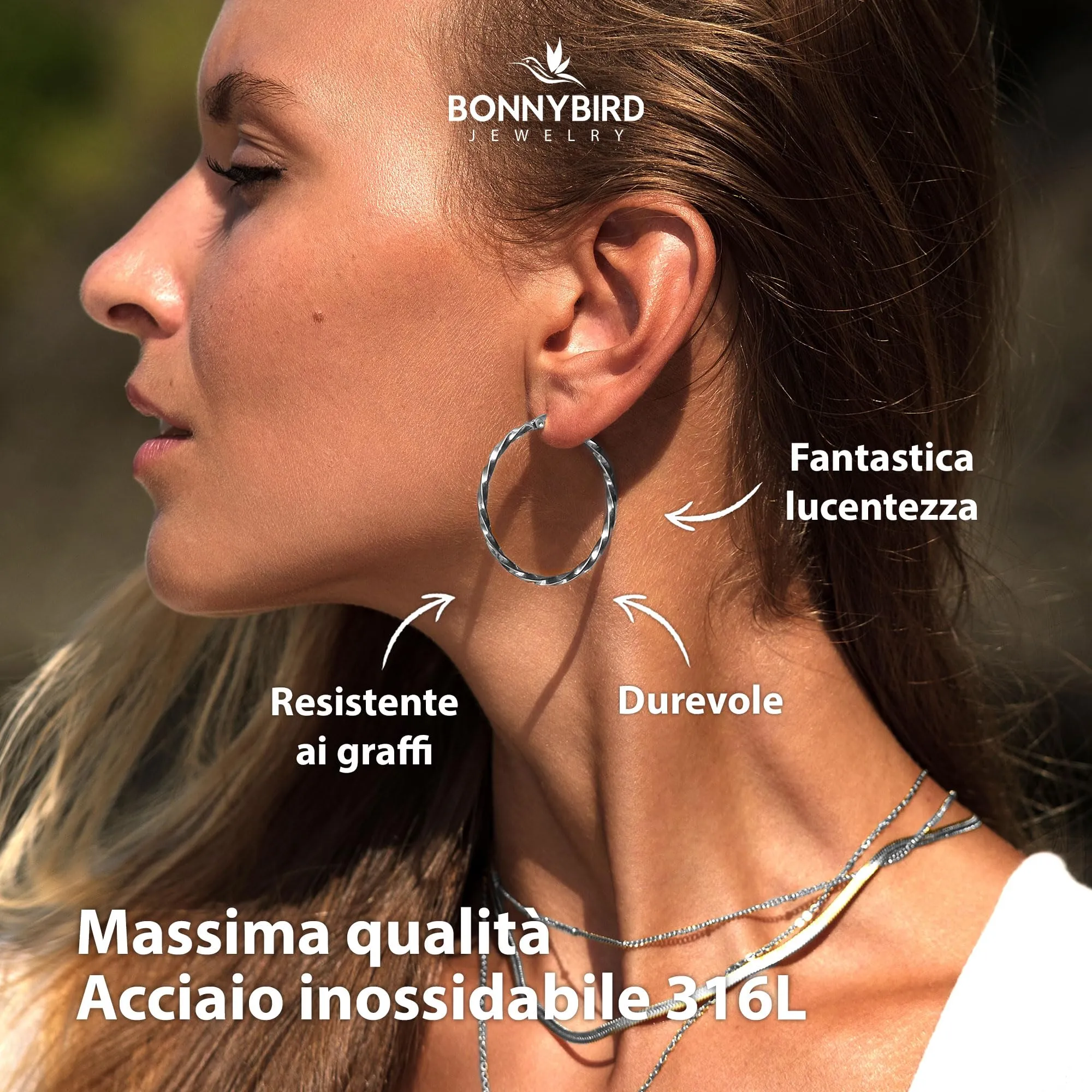 BONNYBIRD Orecchini a Cerchio Grandi in Acciaio Inossidabile Argento - immagine 2