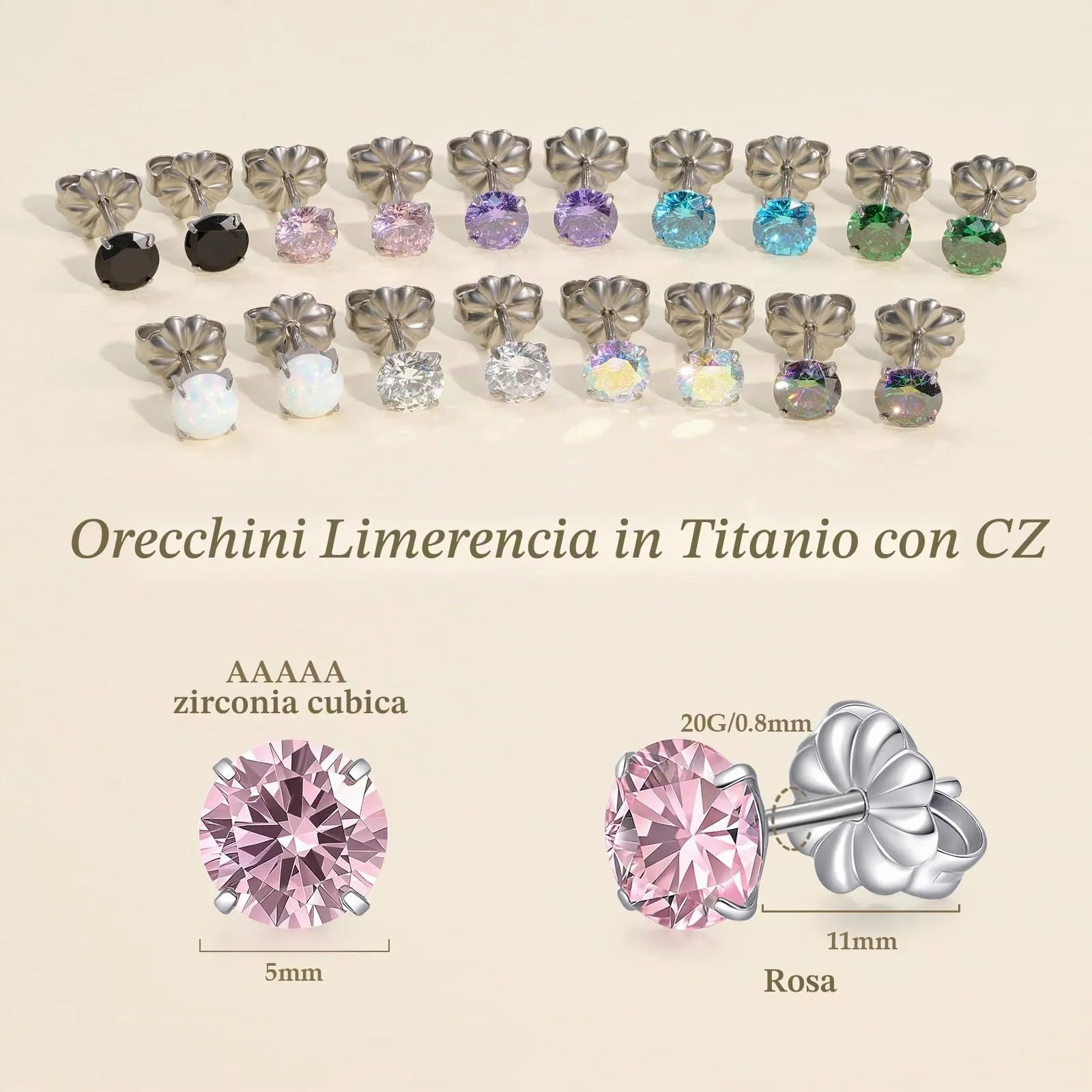 Limerencia Orecchini in Titanio G23 Anallergici con Zirconi, 20G Flat Back per Cartilagine Tragus, 5 mm, Rosa - immagine 2
