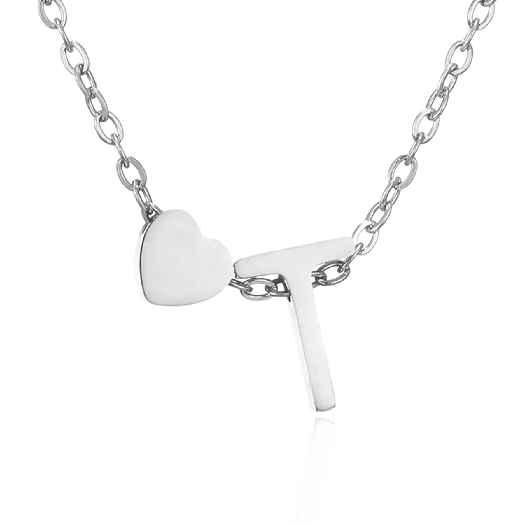 AFSTALR Collana con Iniziale Lettera T e Cuore in Acciaio Inossidabile Argento, 45+5cm - immagine 1
