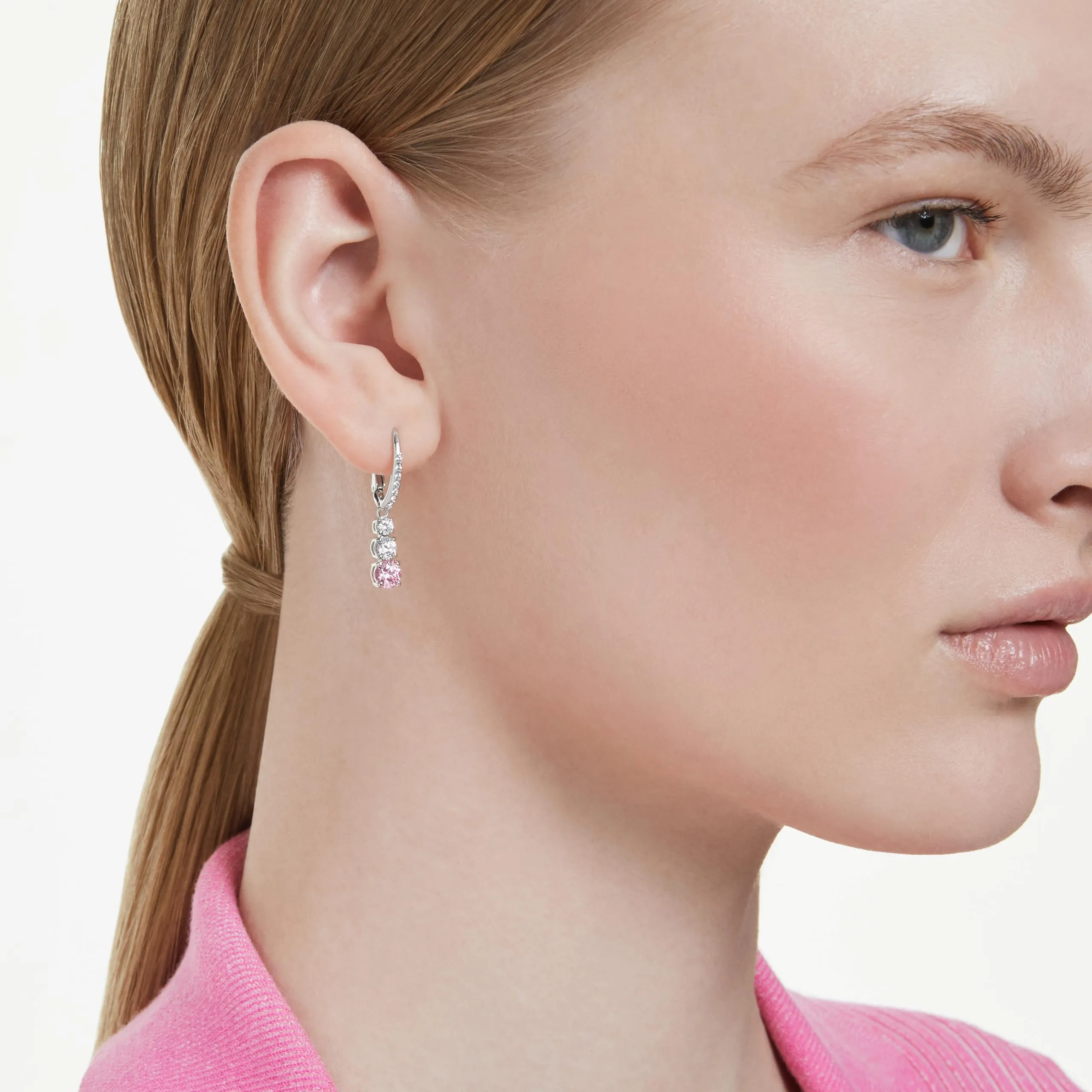 Swarovski Stilla Attract Orecchini Pendenti, Taglio Round, Rosa, Placcato Rodio - immagine 5