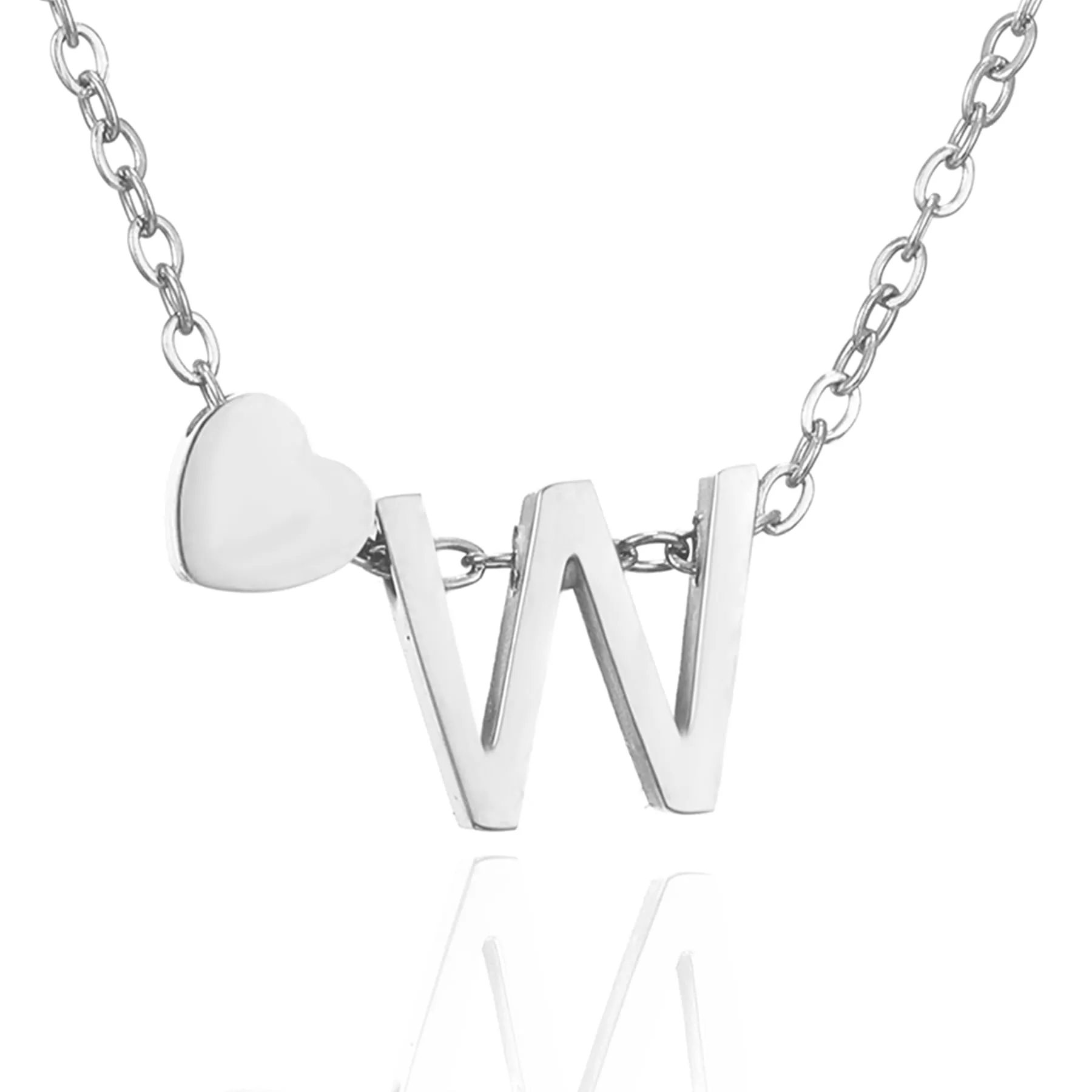 AFSTALR Collana con Iniziale W e Cuore in Acciaio Inossidabile Argento, 45+5cm - immagine 1