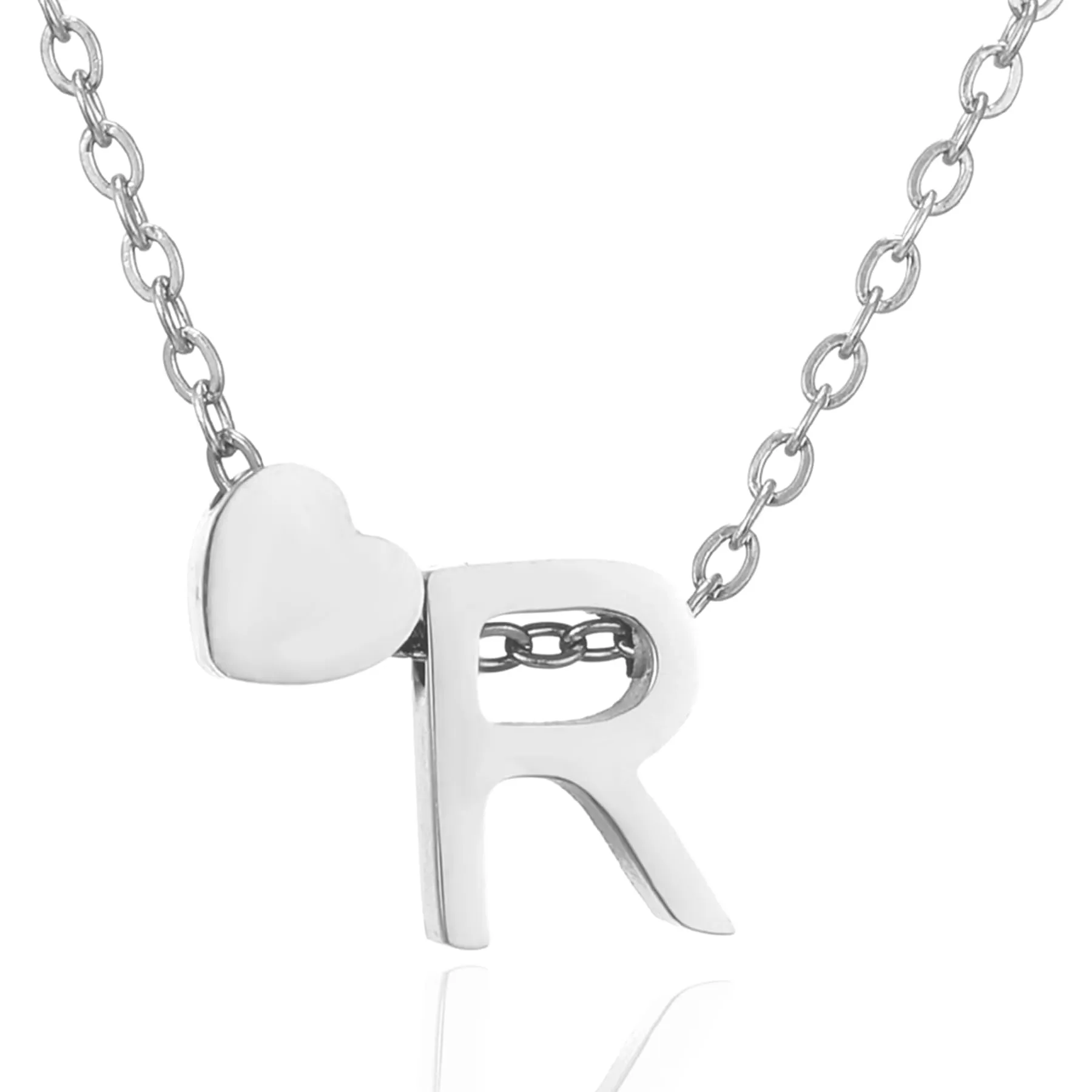 AFSTALR Collana con Iniziale R e Cuore in Acciaio Inossidabile Argento, 45+5cm - immagine 1