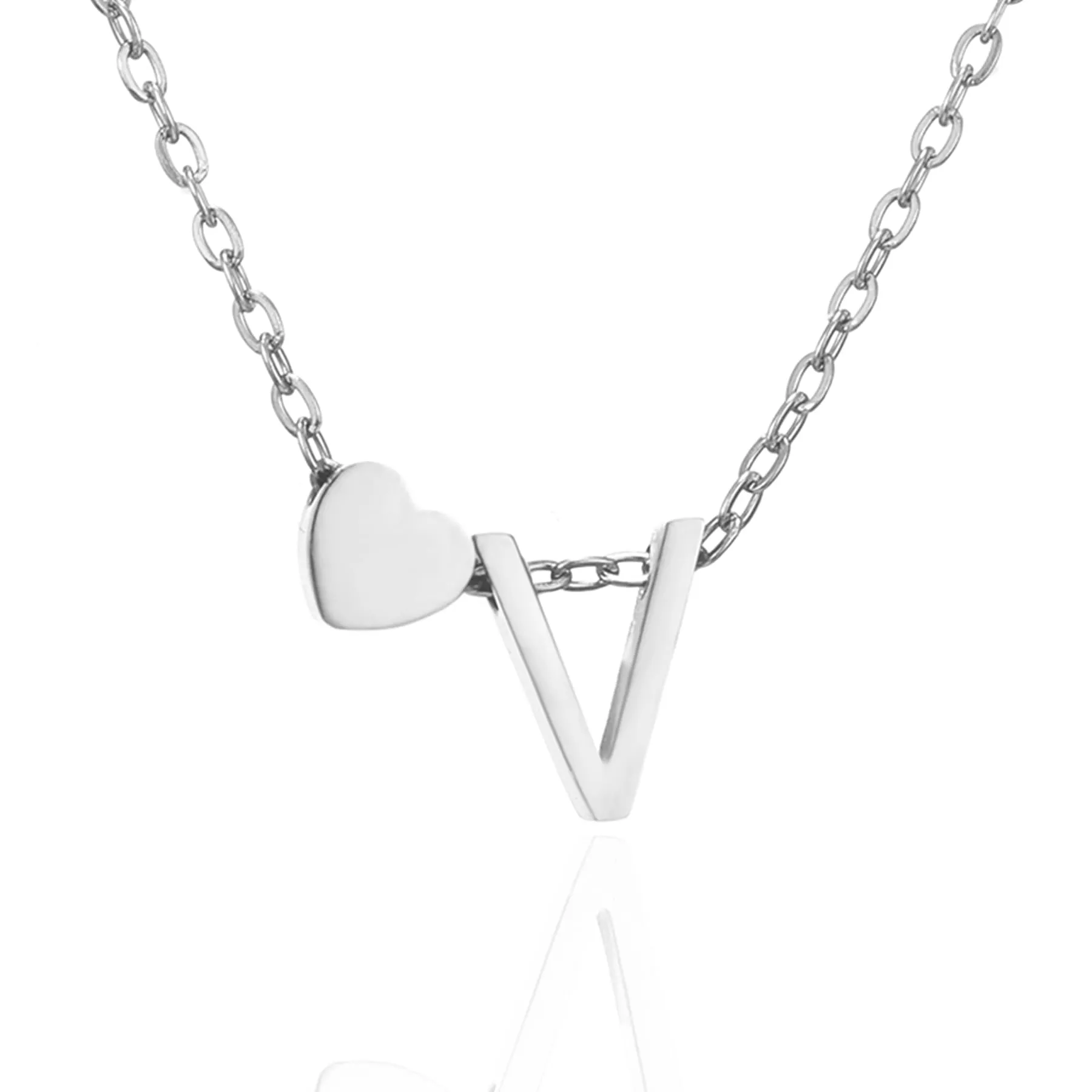 AFSTALR Collana con Iniziale V e Cuore in Acciaio Inossidabile Argento 45+5cm - immagine 1