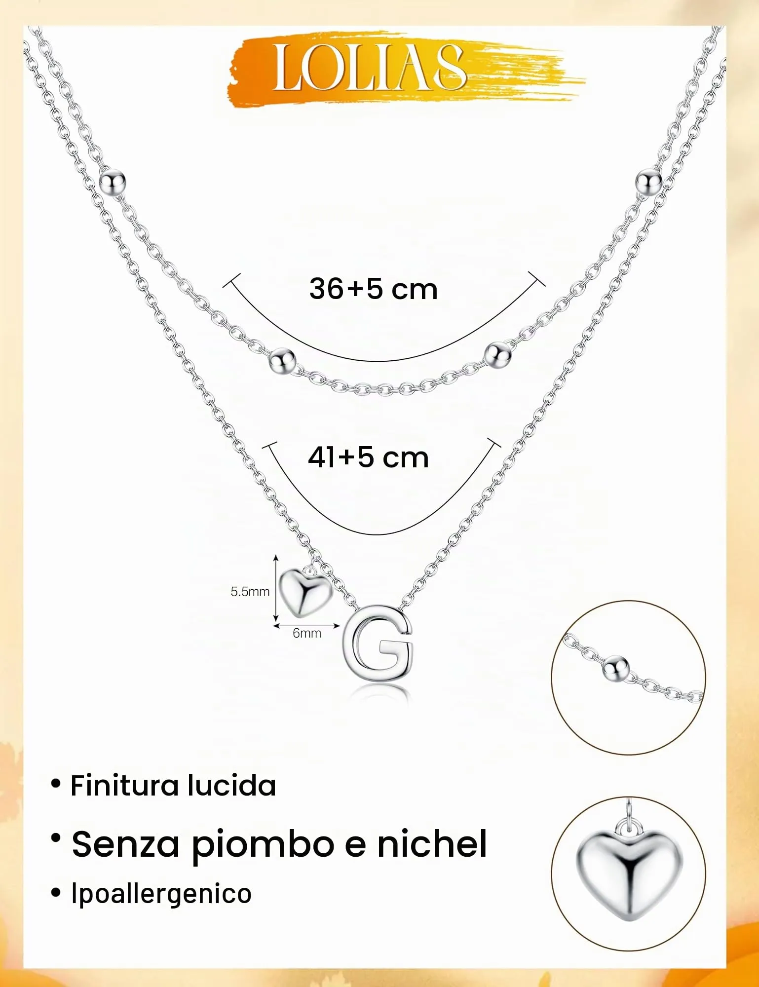 LOLIAS Collana Iniziale Cuore in Argento Placcato per Donna - immagine 3