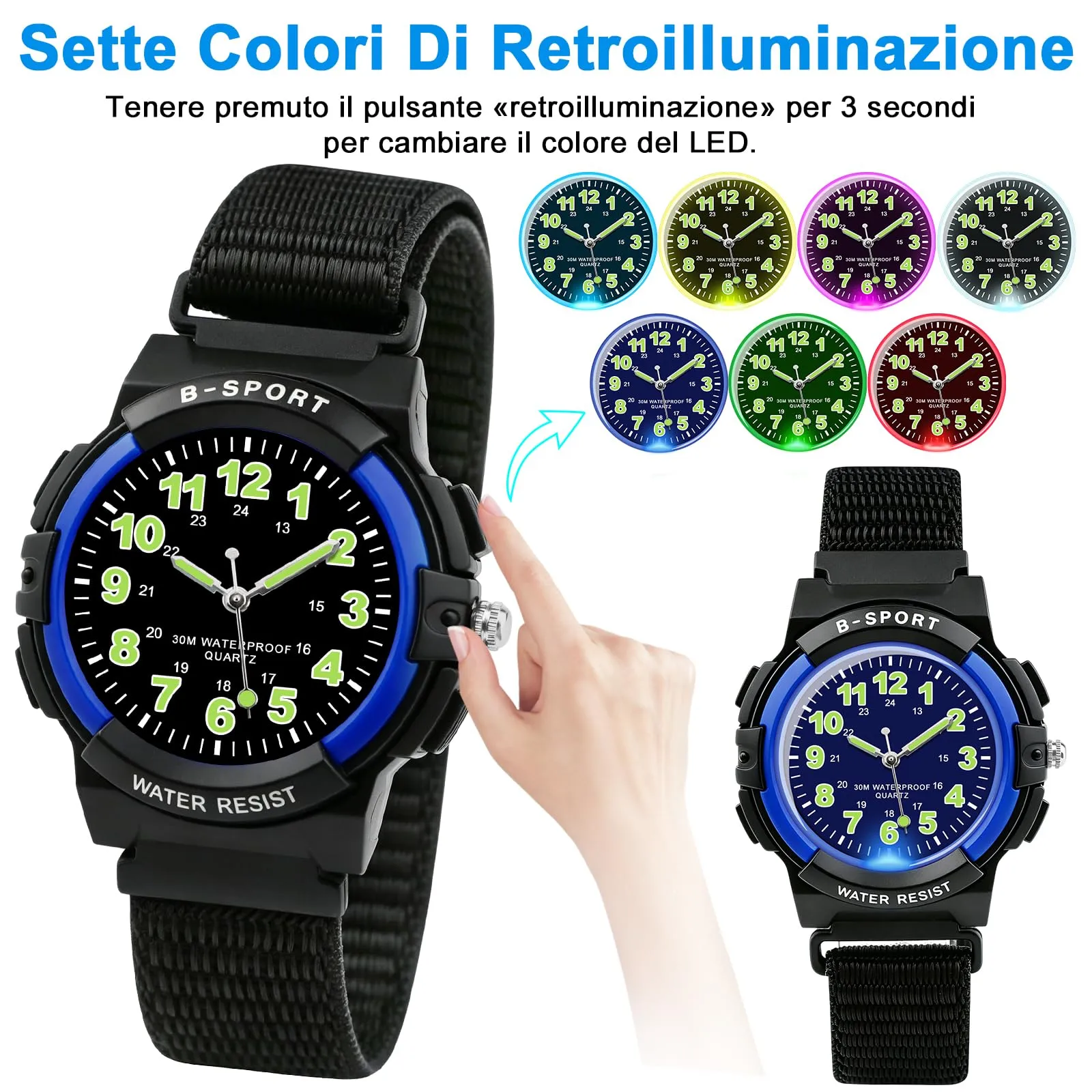 Juboos Orologio Analogico per Bambini con 7 Luci Notturne, Impermeabile, Cinturino Morbido, Quarzo, per Ragazzi e Ragazze 5-18 Anni - immagine 3