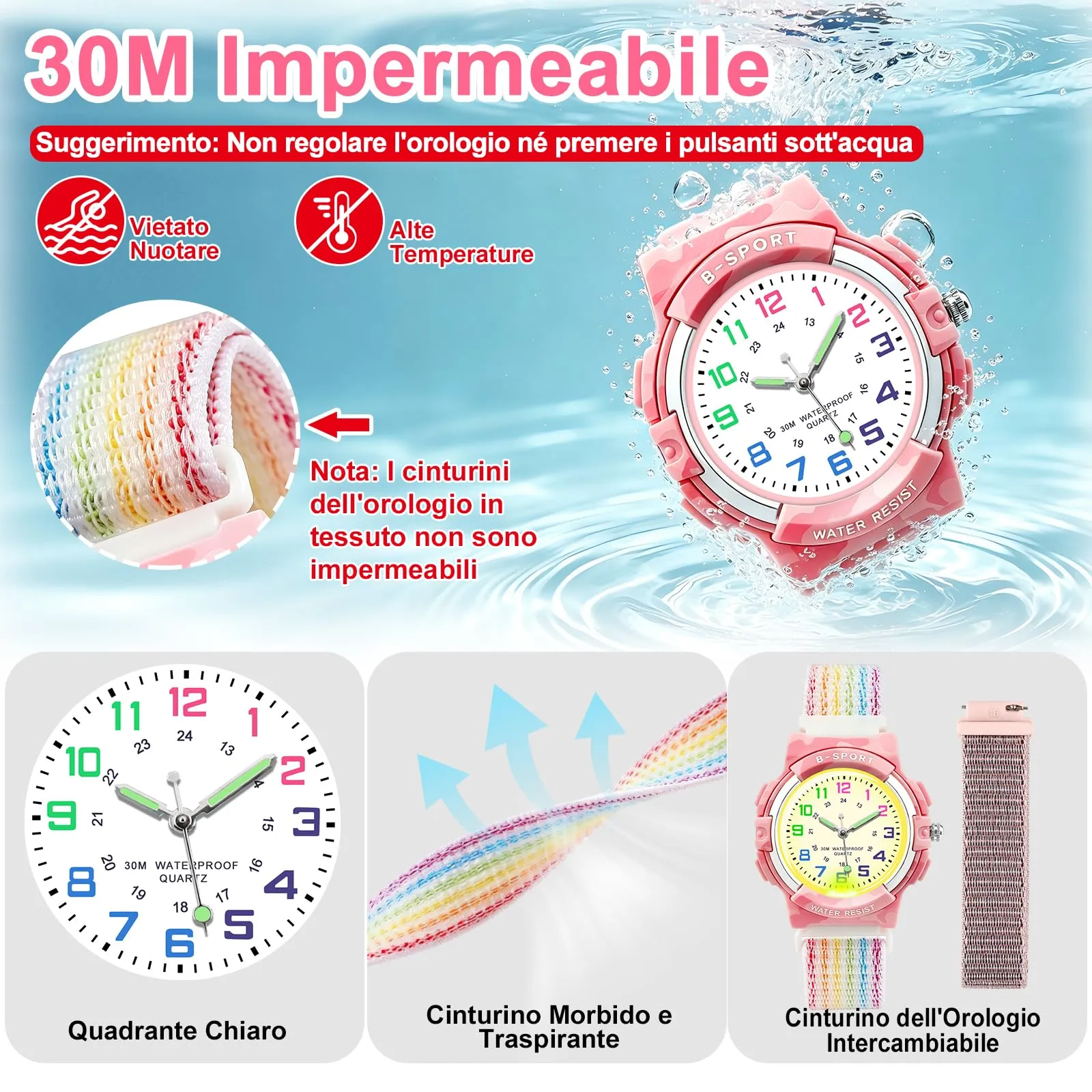 Juboos Orologio Analogico per Bambini con 7 Luci Notturne, Impermeabile, Cinturino Morbido, Quarzo - immagine 2