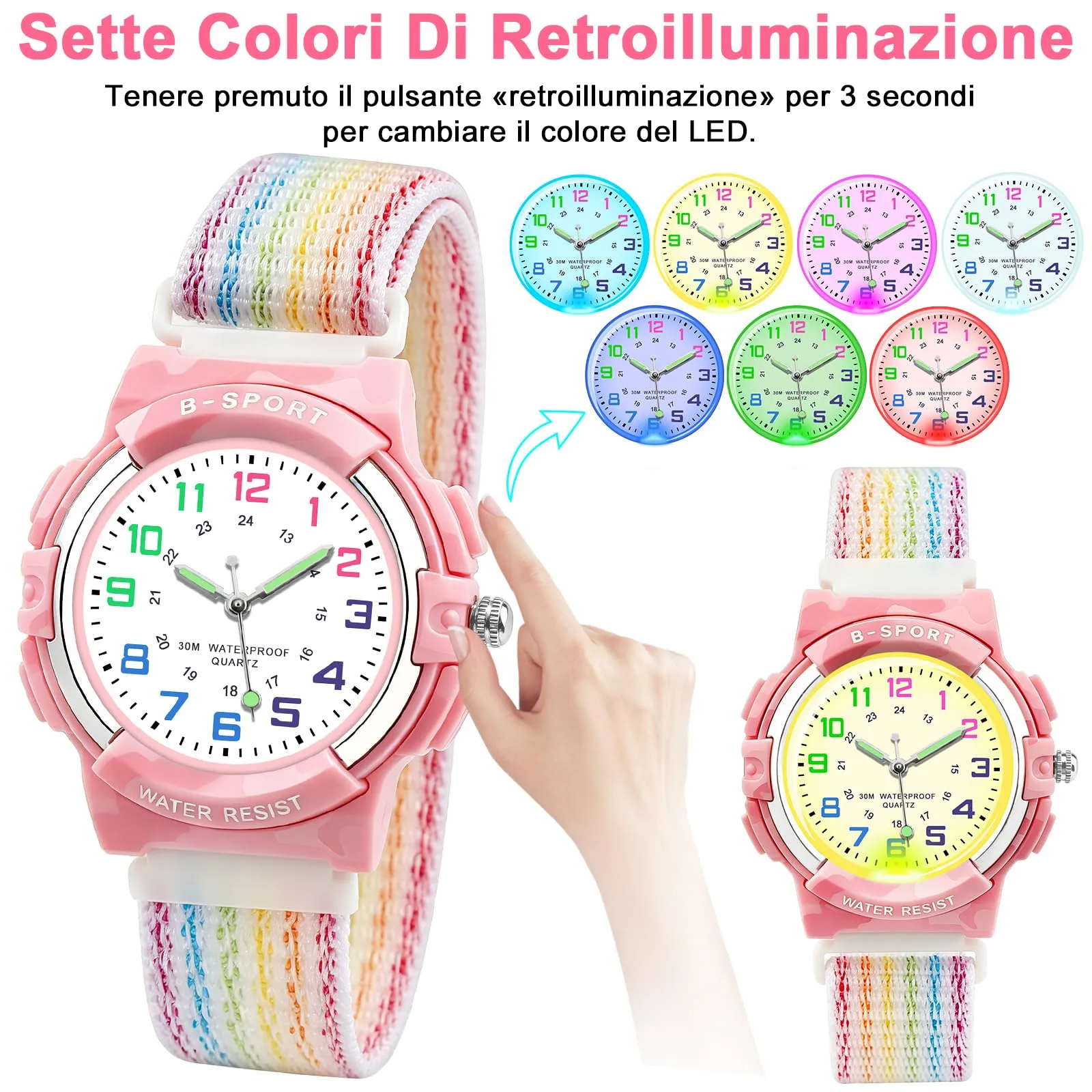 Juboos Orologio Analogico per Bambini con 7 Luci Notturne, Impermeabile, Cinturino Morbido, Quarzo - immagine 3