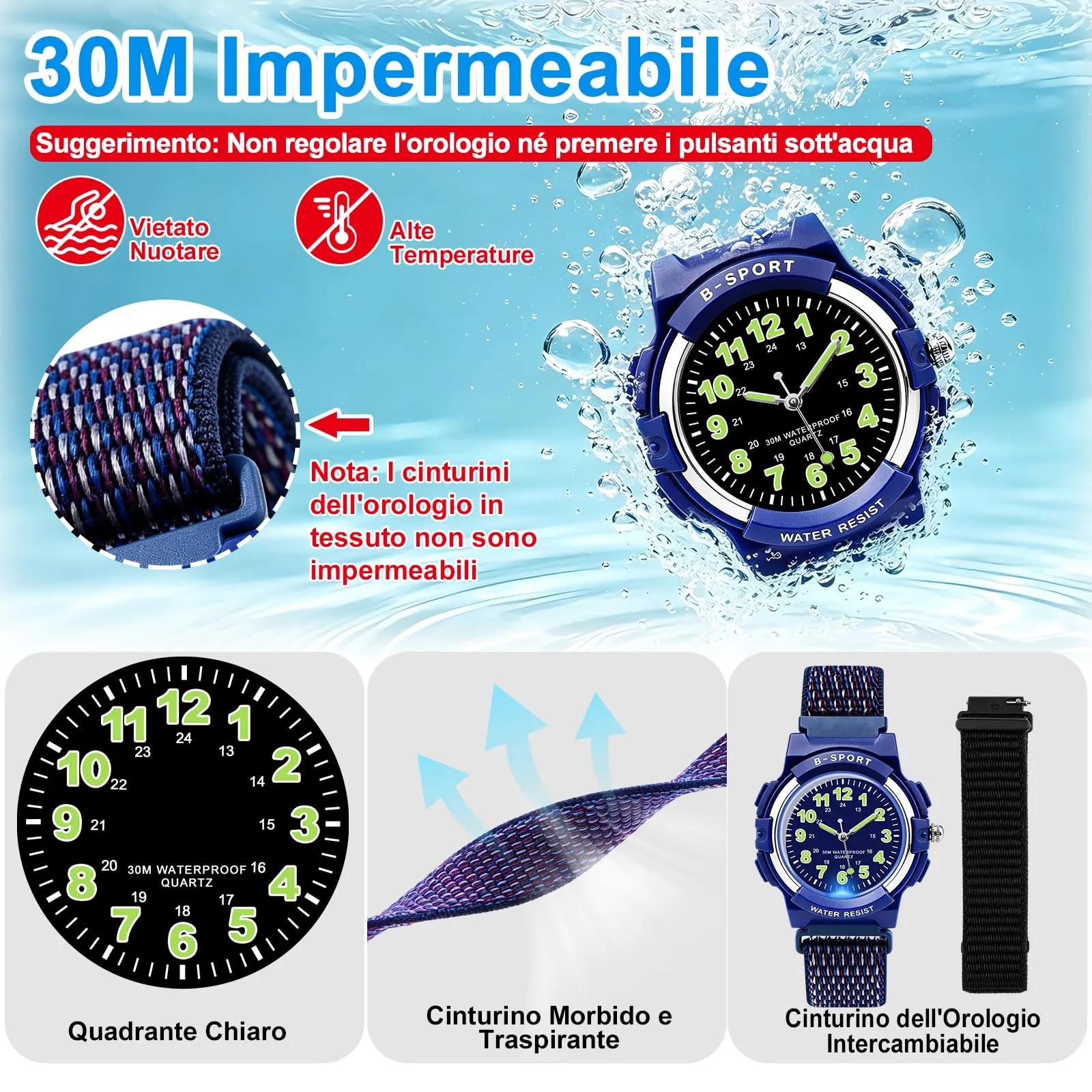 Juboos Orologio Analogico per Bambini, 7 Luci Notturne, Impermeabile, Cinturino Morbido, Quarzo, 5-18 Anni - immagine 2
