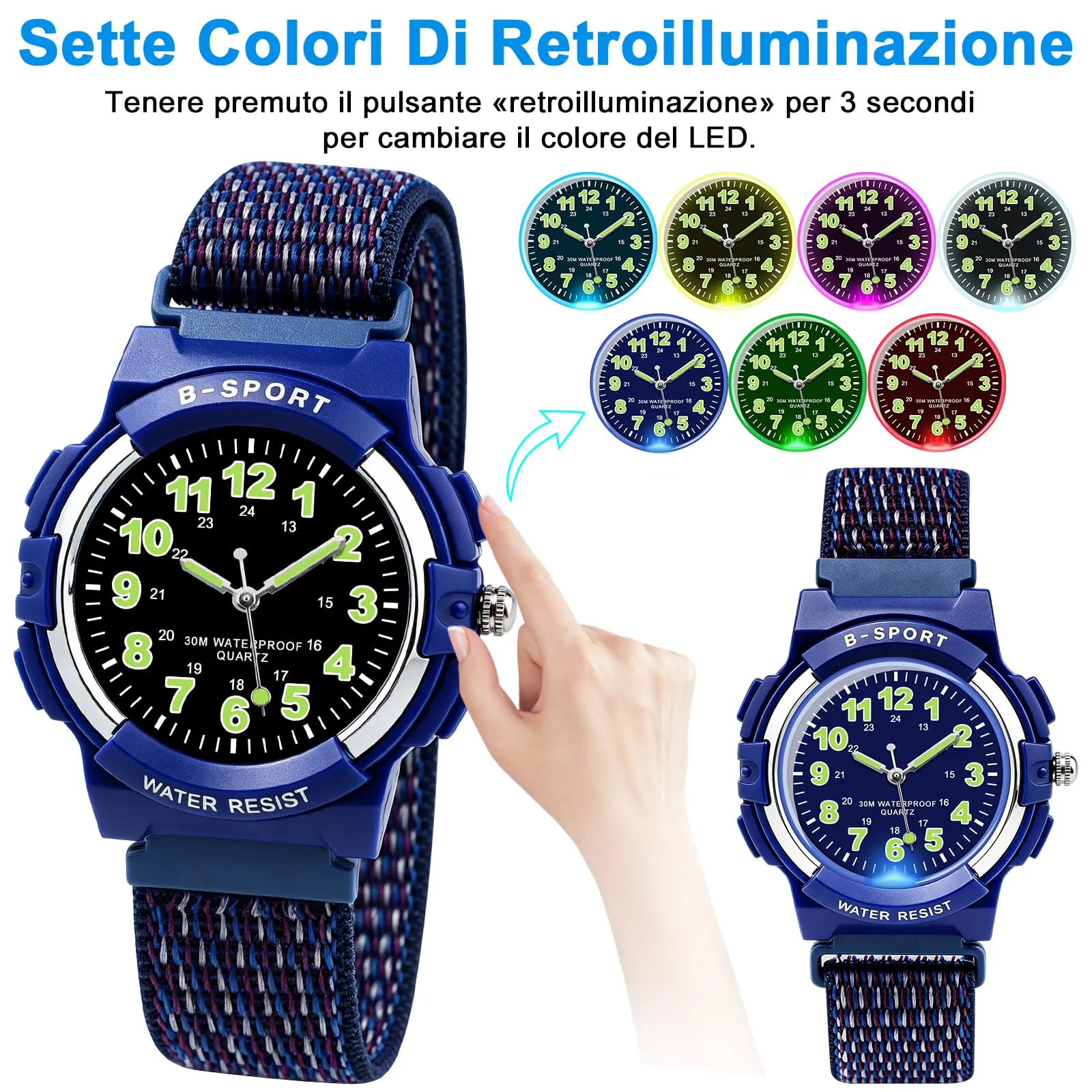 Juboos Orologio Analogico per Bambini, 7 Luci Notturne, Impermeabile, Cinturino Morbido, Quarzo, 5-18 Anni - immagine 3