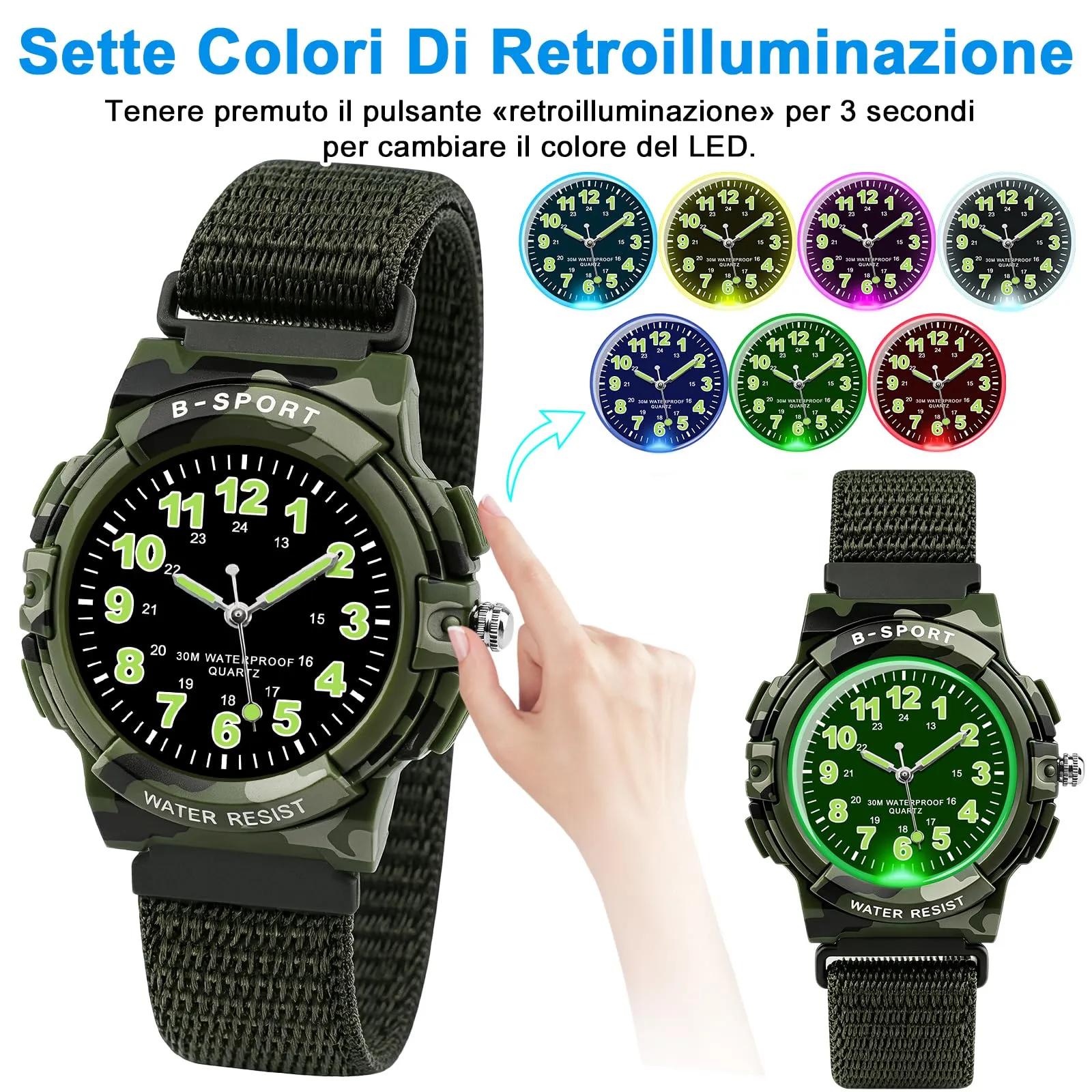 Juboos Orologio Analogico per Bambini con 7 Luci Notturne, Impermeabile, Quarzo, per Ragazzi e Ragazze 5-18 Anni - immagine 3
