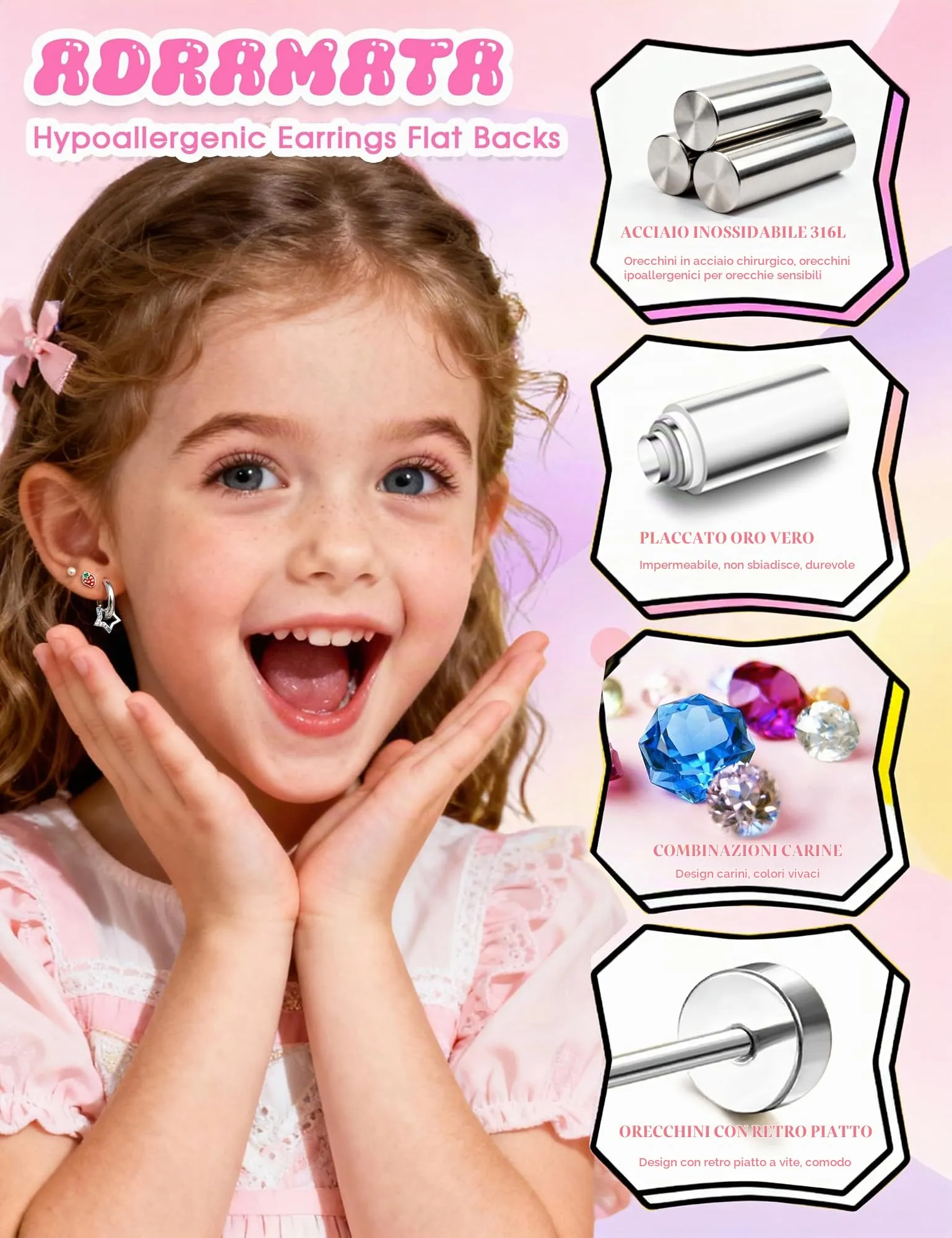 Adramata Set 10 Paia Orecchini in Acciaio Inossidabile per Bambina - immagine 2