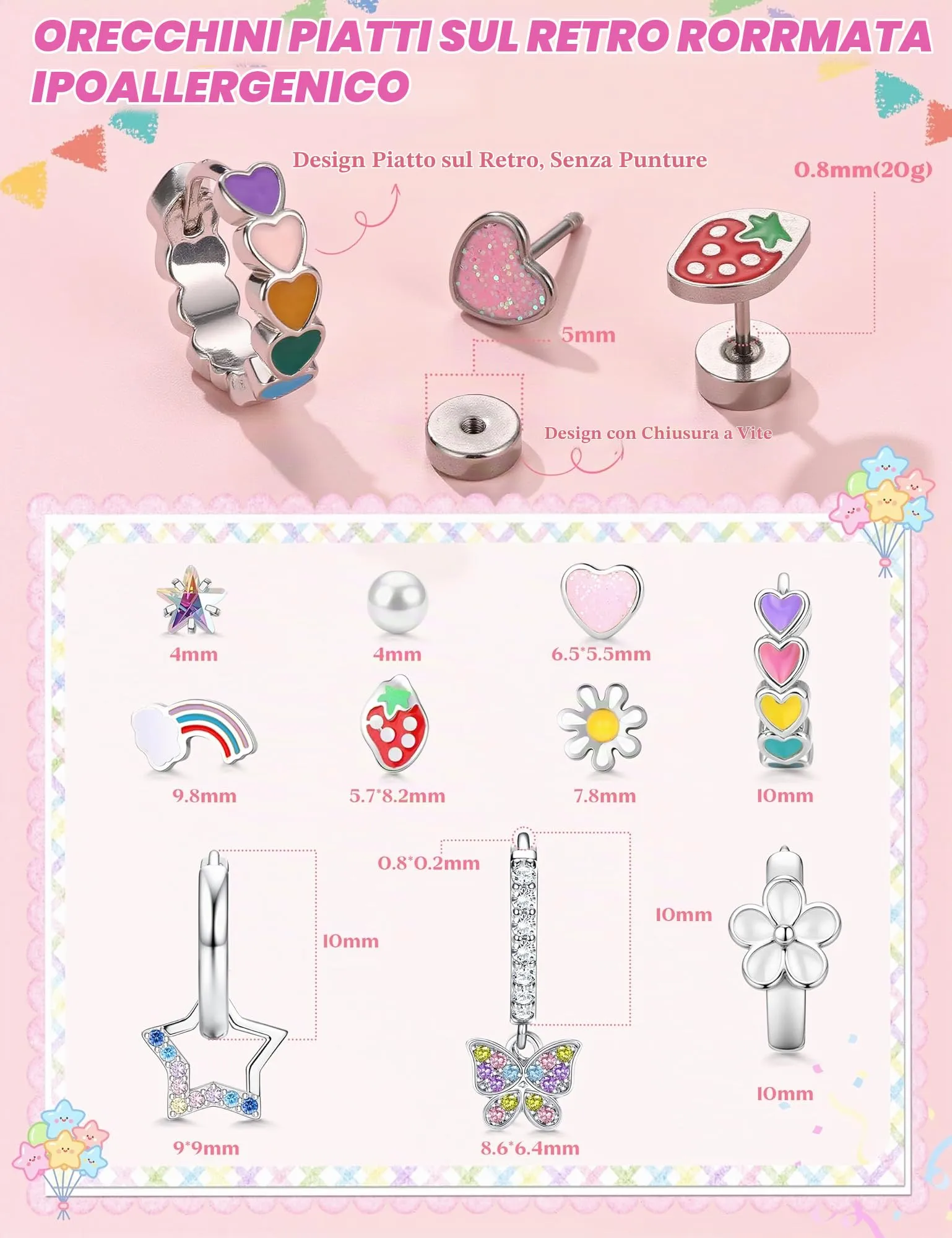 Adramata Set 10 Paia Orecchini in Acciaio Inossidabile per Bambina - immagine 7