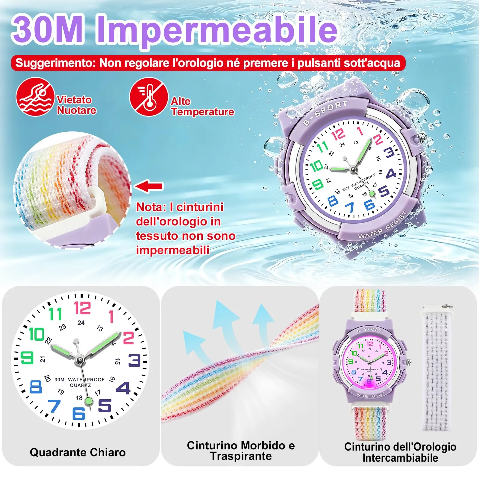Juboos Orologio Analogico per Bambini con 7 Luci Notturne, Impermeabile, Orologio al Quarzo per Ragazzi e Ragazze 5-18 Anni - immagine 2