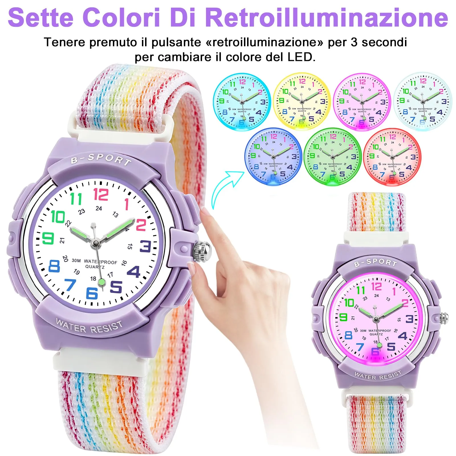 Juboos Orologio Analogico per Bambini con 7 Luci Notturne, Impermeabile, Orologio al Quarzo per Ragazzi e Ragazze 5-18 Anni - immagine 3